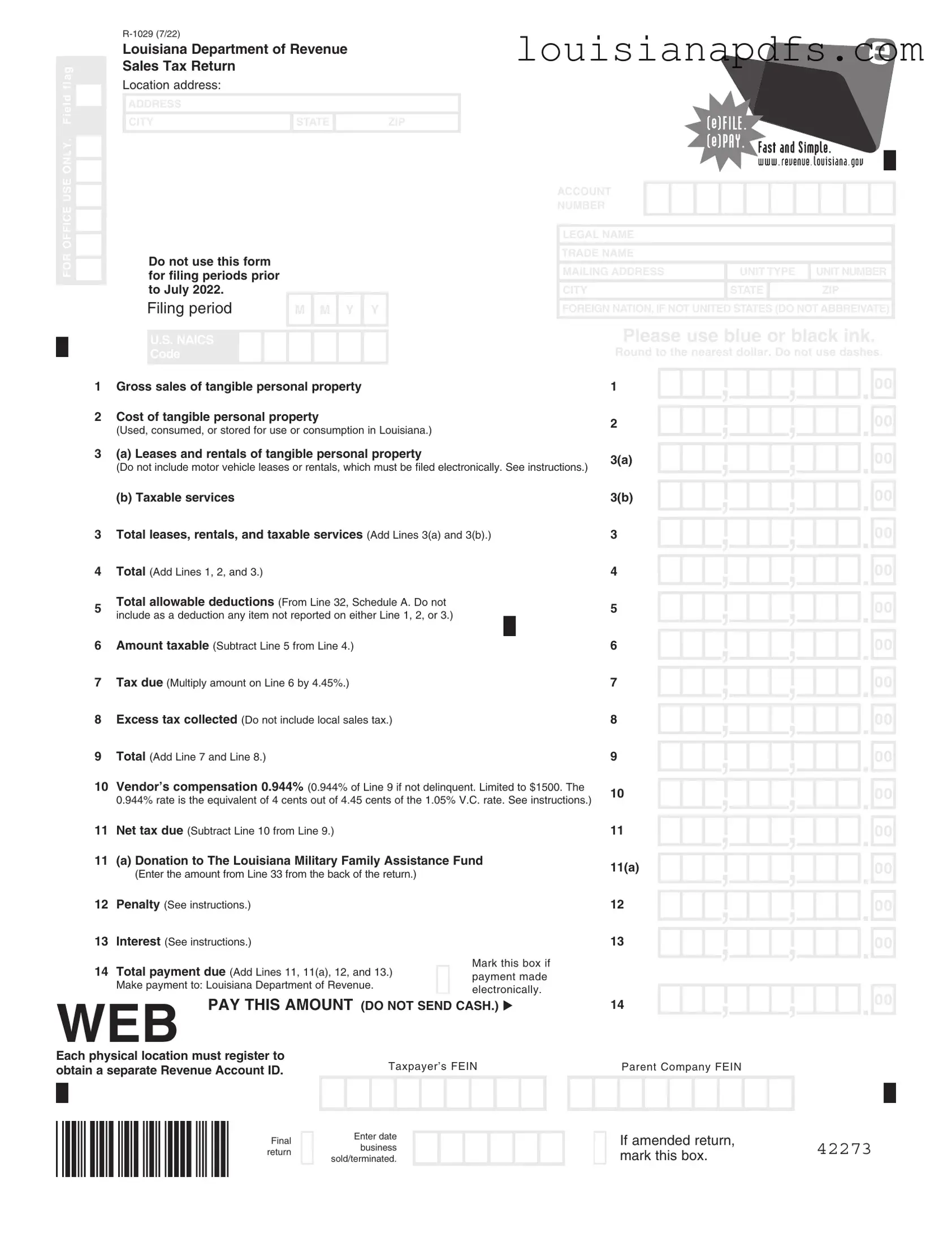 Fillable Louisiana 1029 Sales Template