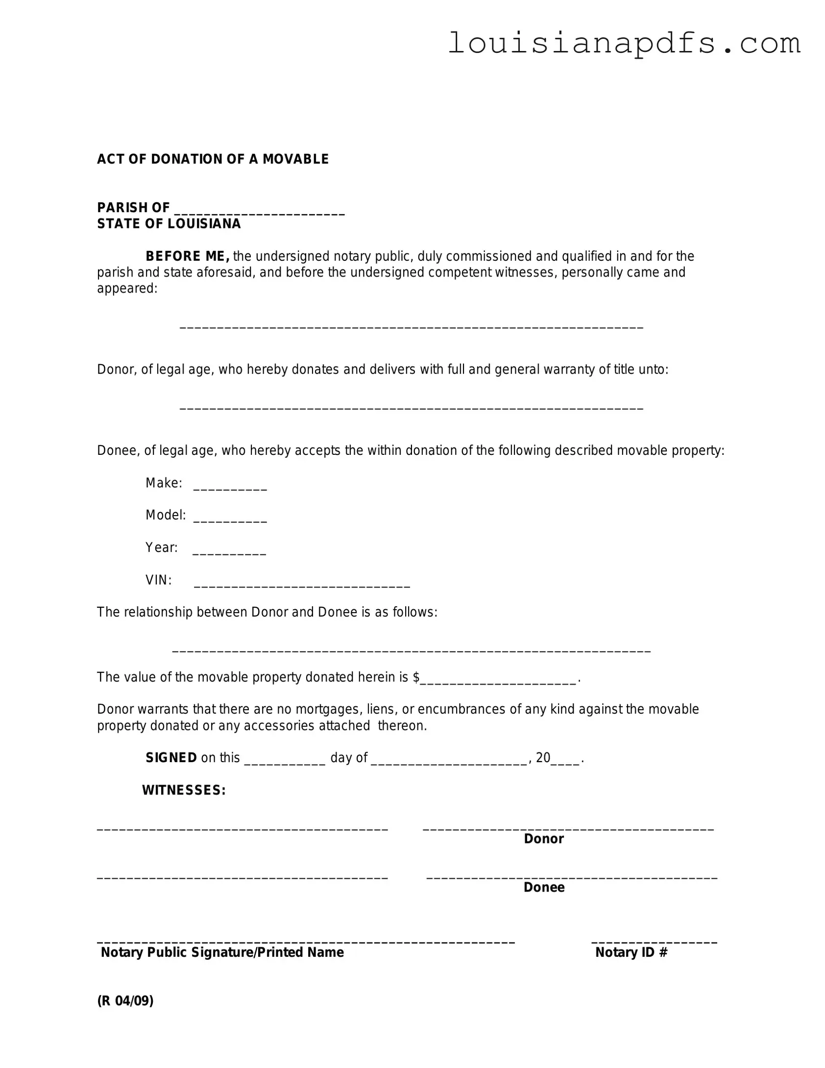 Fillable Louisiana act of donation Template