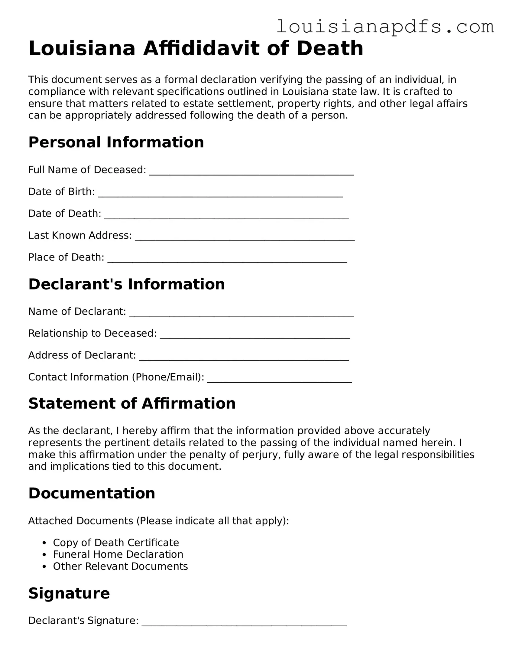 Fillable Affidavit of Death Form for Louisiana State