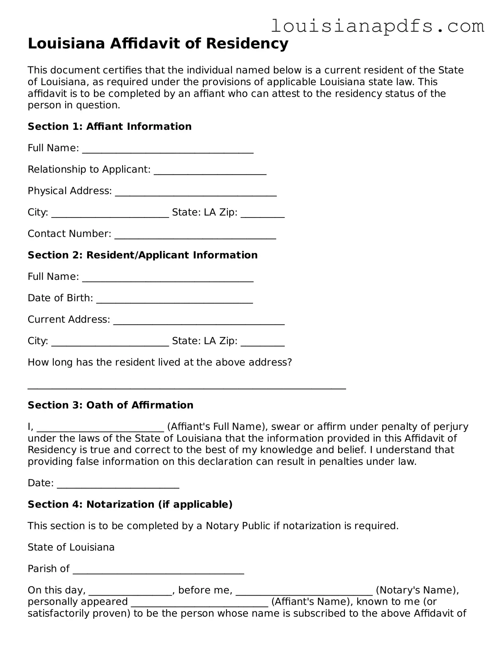 Fillable Affidavit of Residency Form for Louisiana State