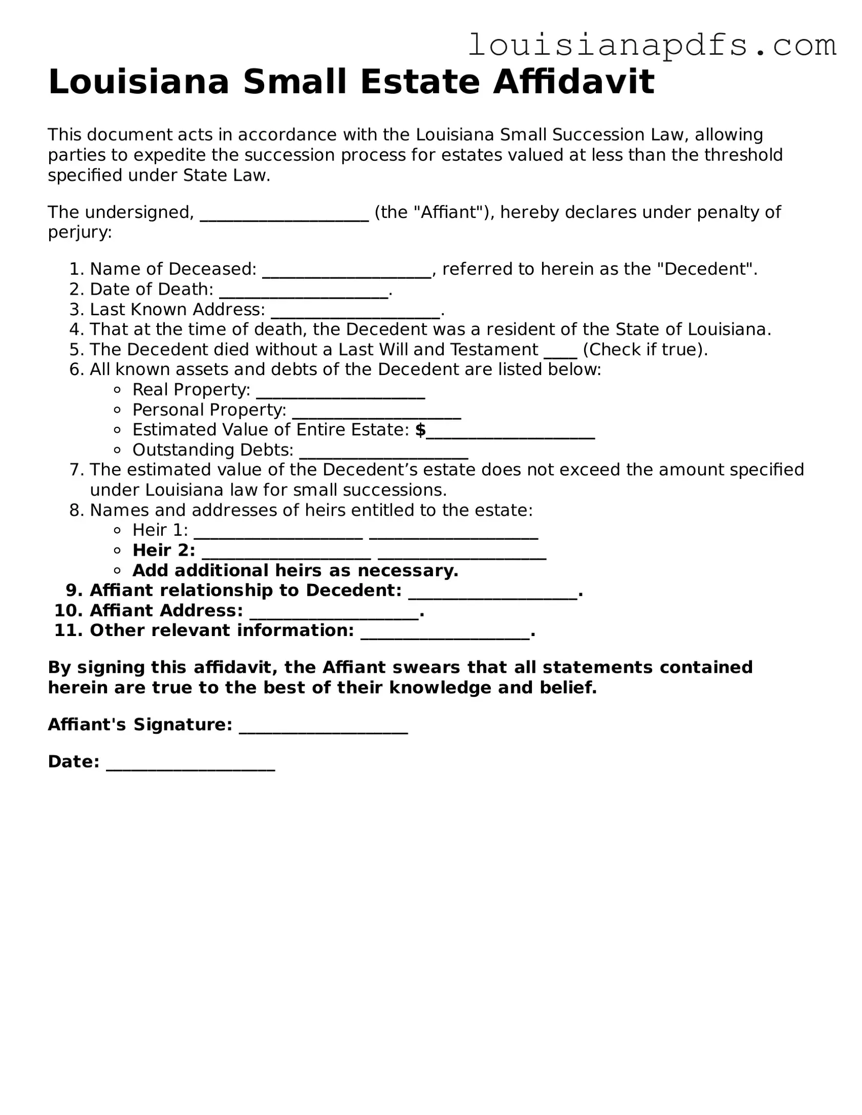 Fillable Small Estate Affidavit Form for Louisiana State