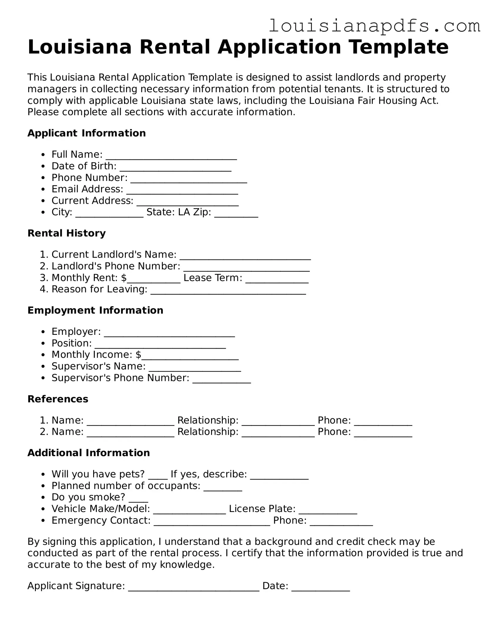 Fillable Rental Application Form for Louisiana State