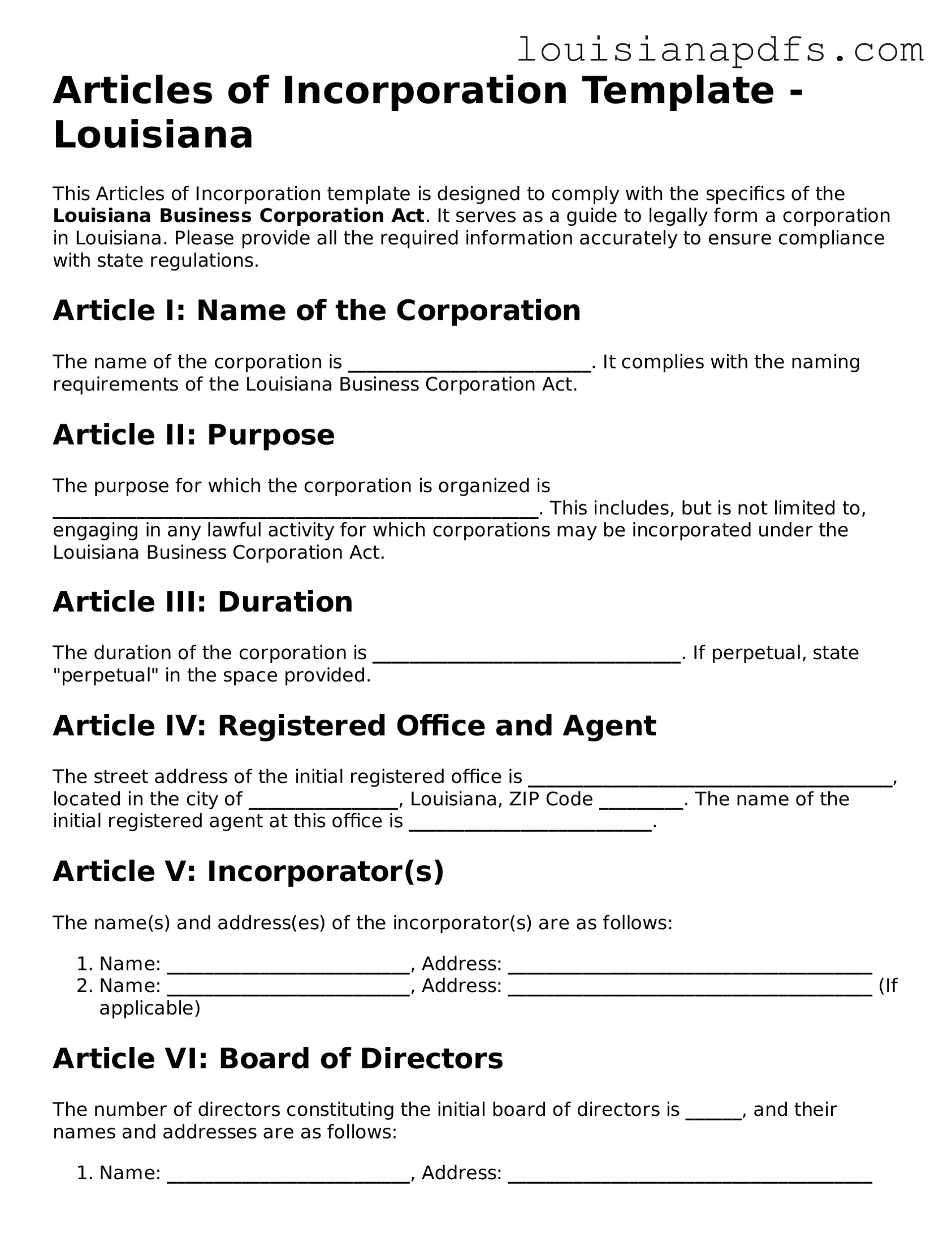 Fillable Articles of Incorporation Form for Louisiana State