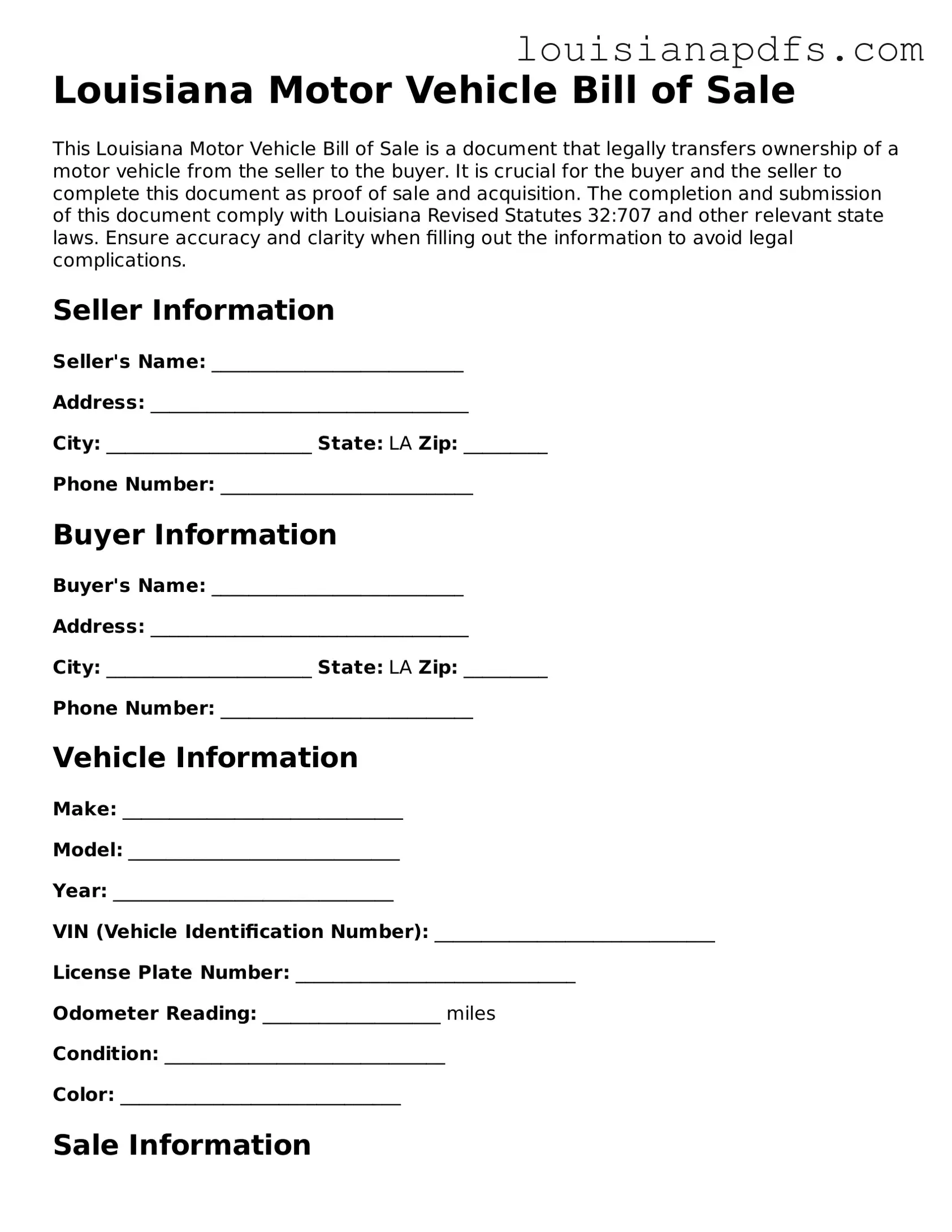 Fillable Motor Vehicle Bill of Sale Form for Louisiana State