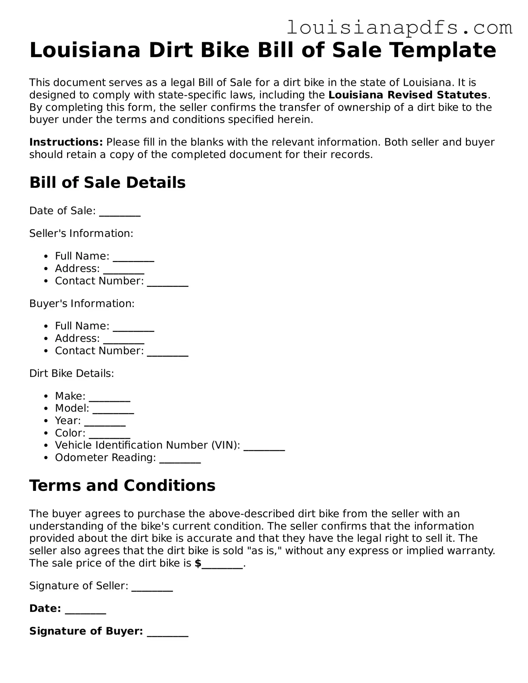 Fillable Dirt Bike Bill of Sale Form for Louisiana State