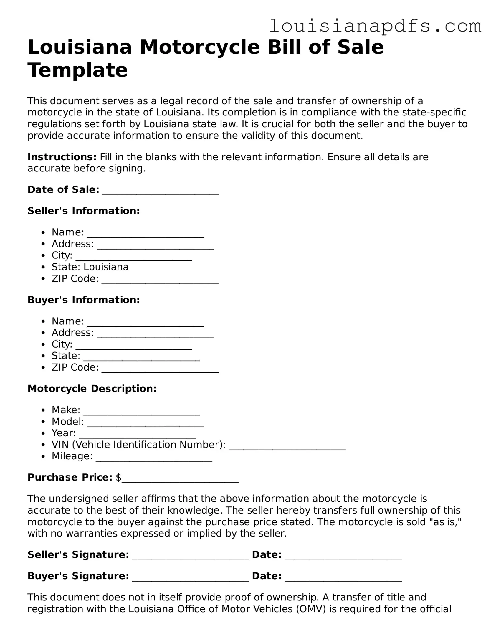 Fillable Motorcycle Bill of Sale Form for Louisiana State