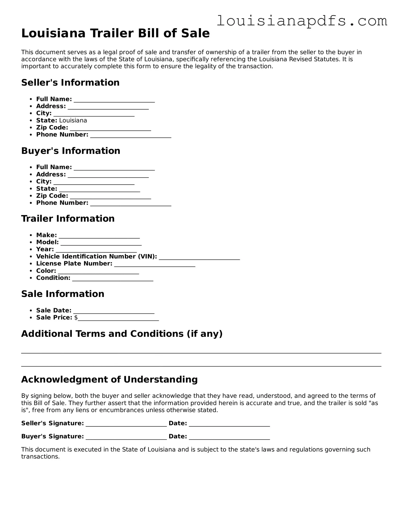 Fillable Trailer Bill of Sale Form for Louisiana State