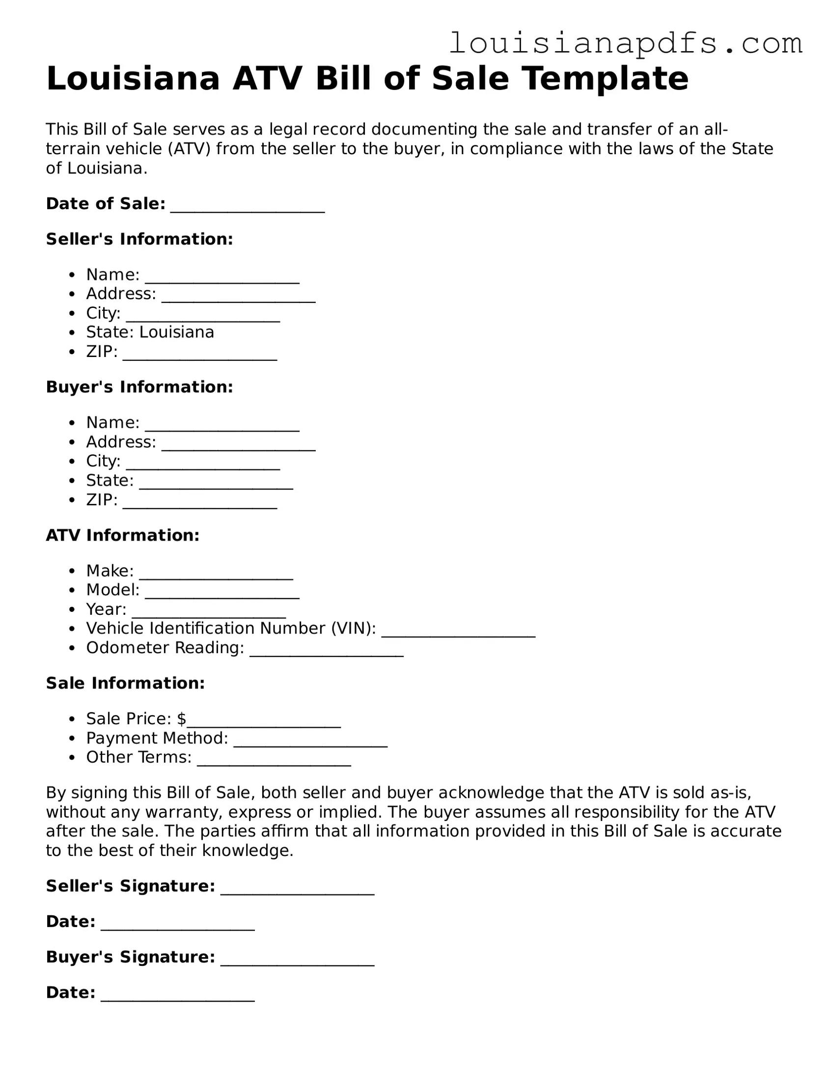 Fillable ATV Bill of Sale Form for Louisiana State