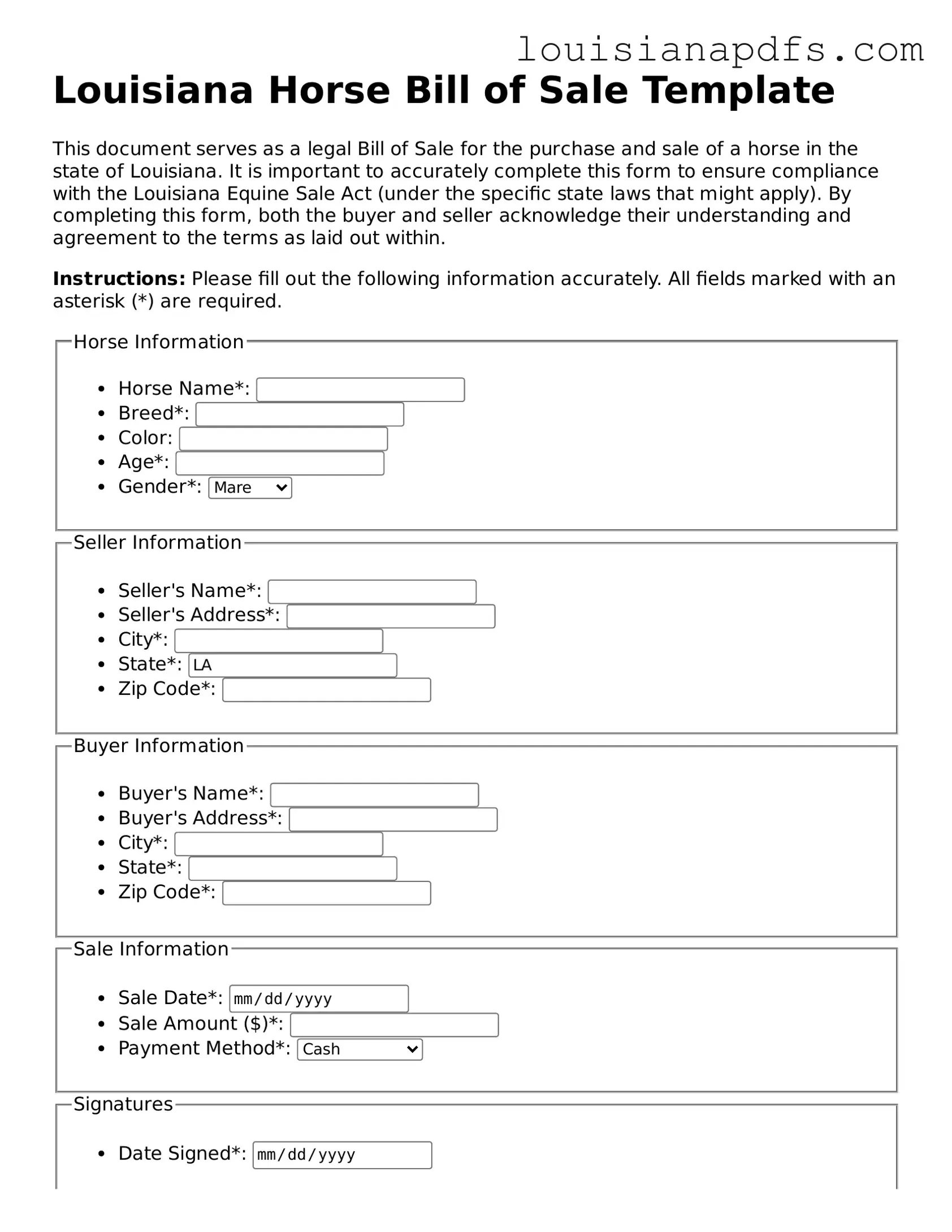 Fillable Horse Bill of Sale Form for Louisiana State