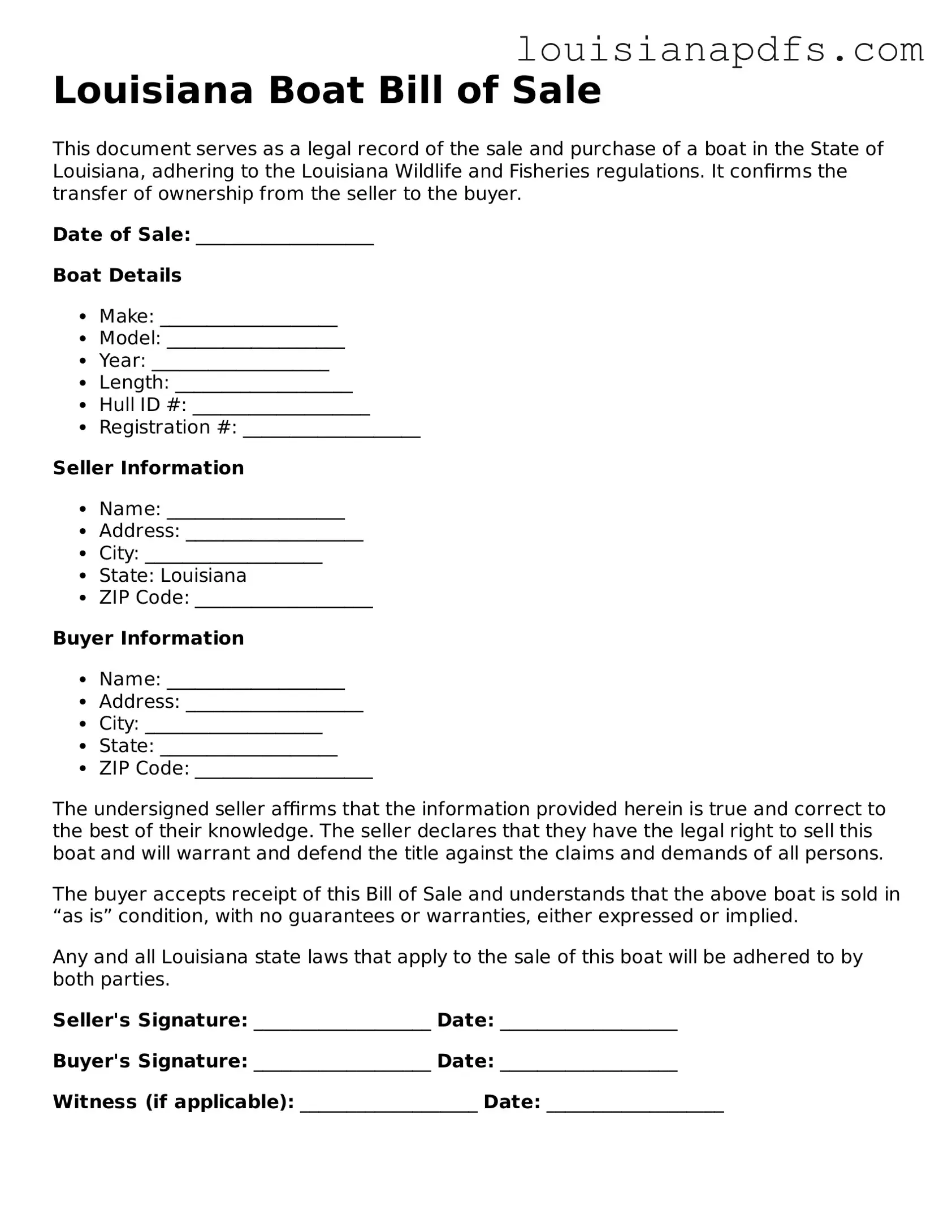 Fillable Boat Bill of Sale Form for Louisiana State