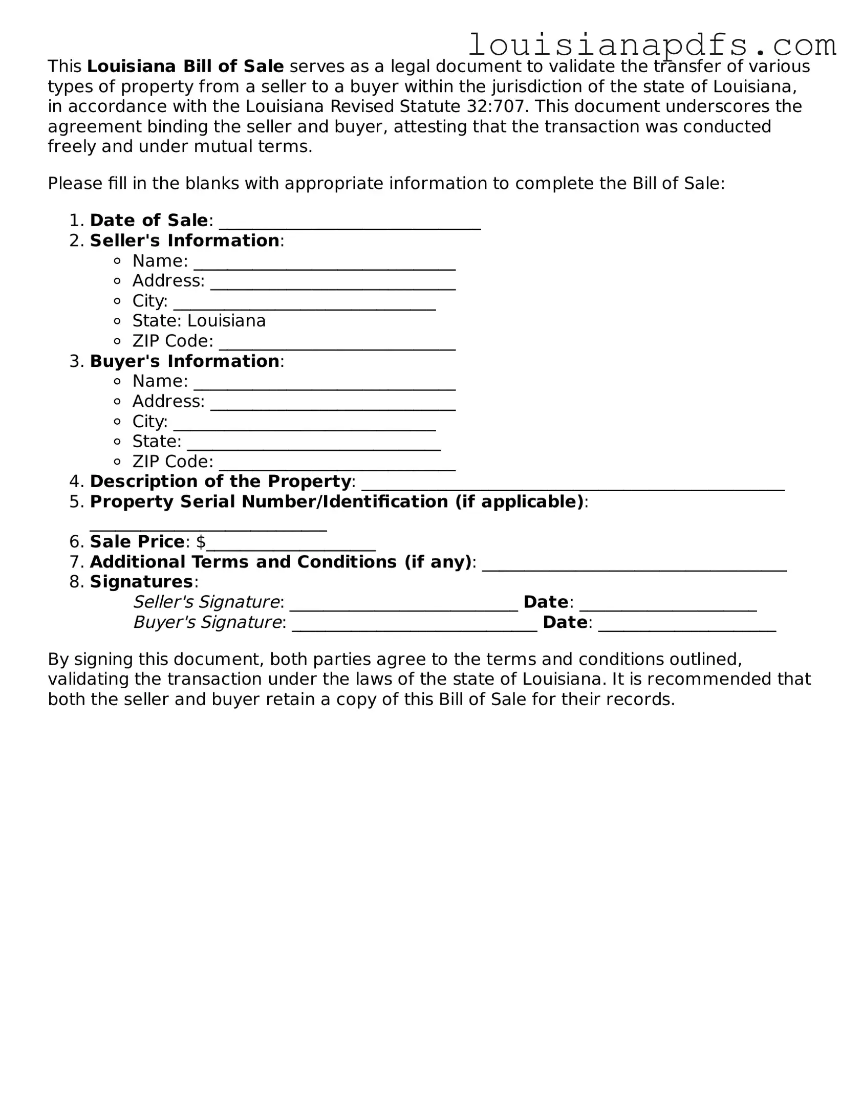 Fillable Bill of Sale Form for Louisiana State