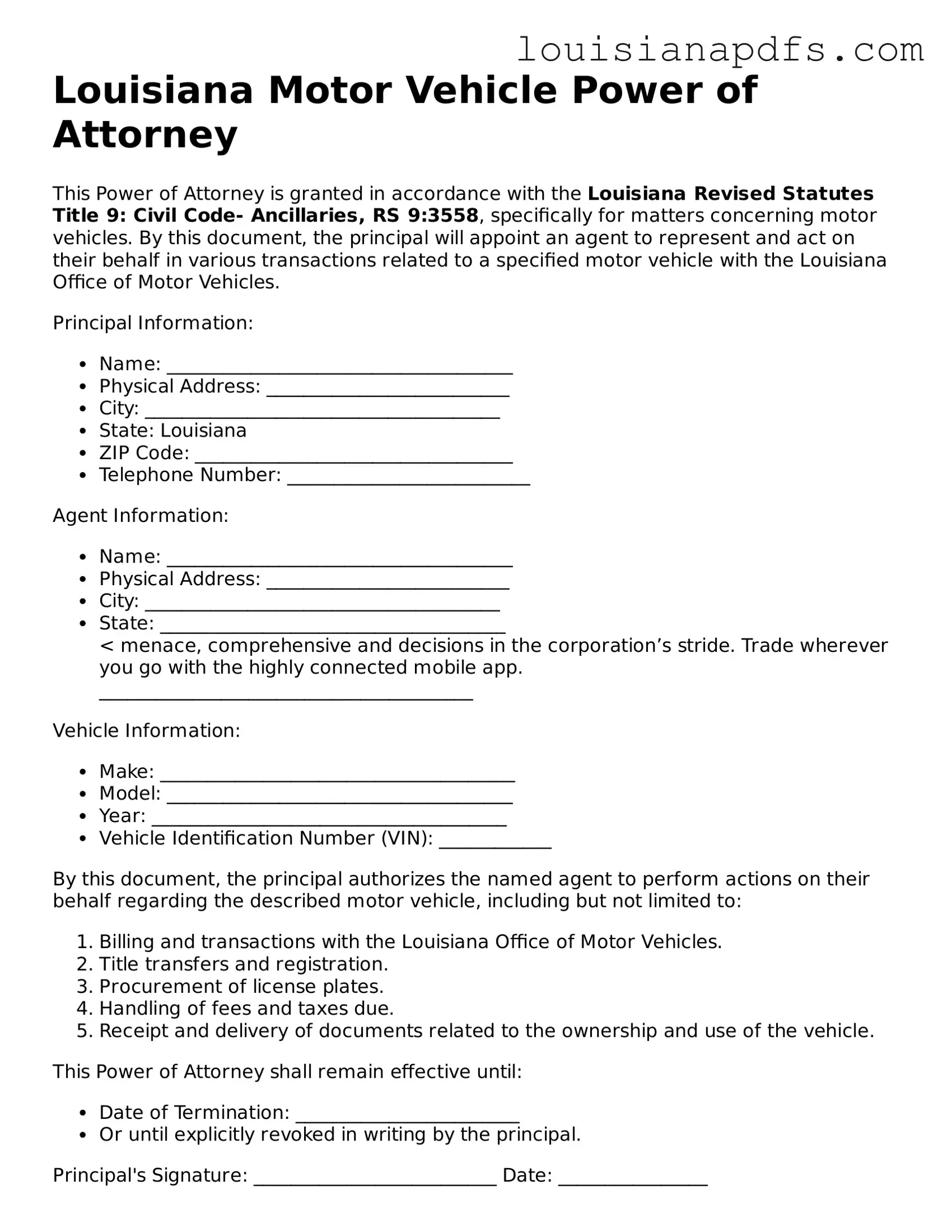Fillable Motor Vehicle Power of Attorney Form for Louisiana State