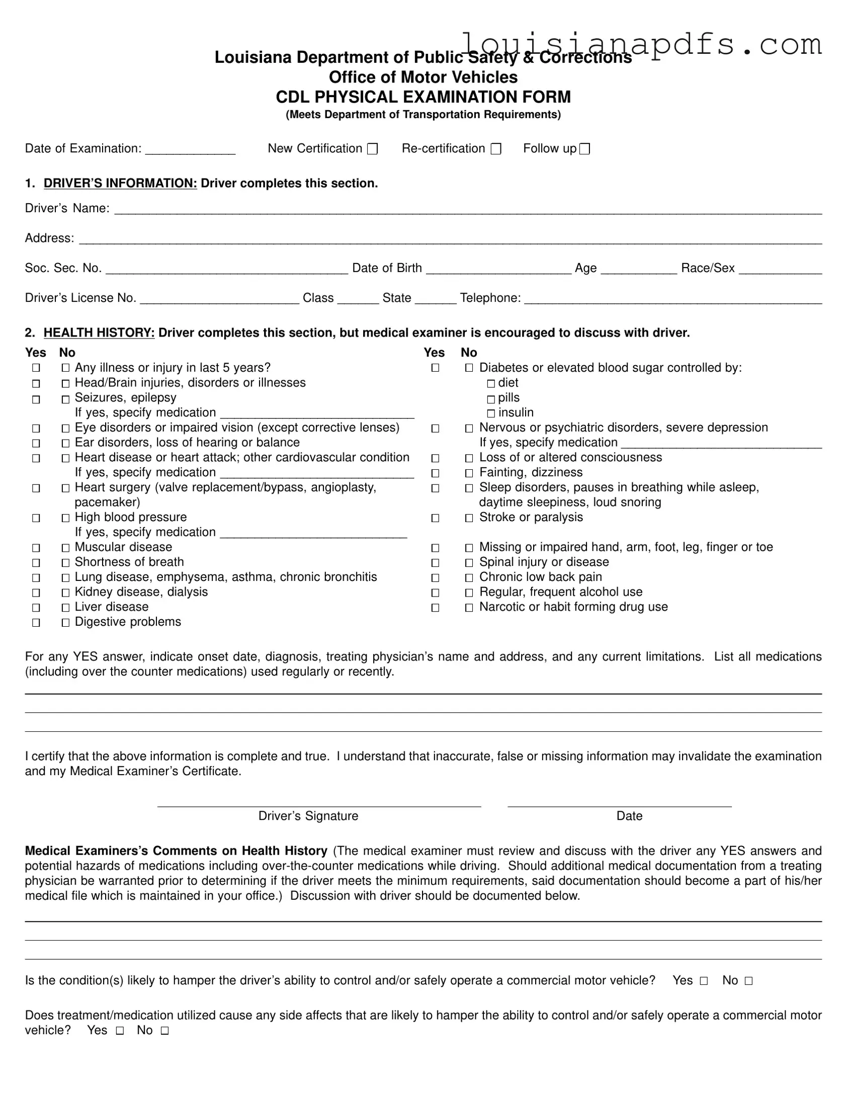 Fillable Louisiana Cdl Physical Template