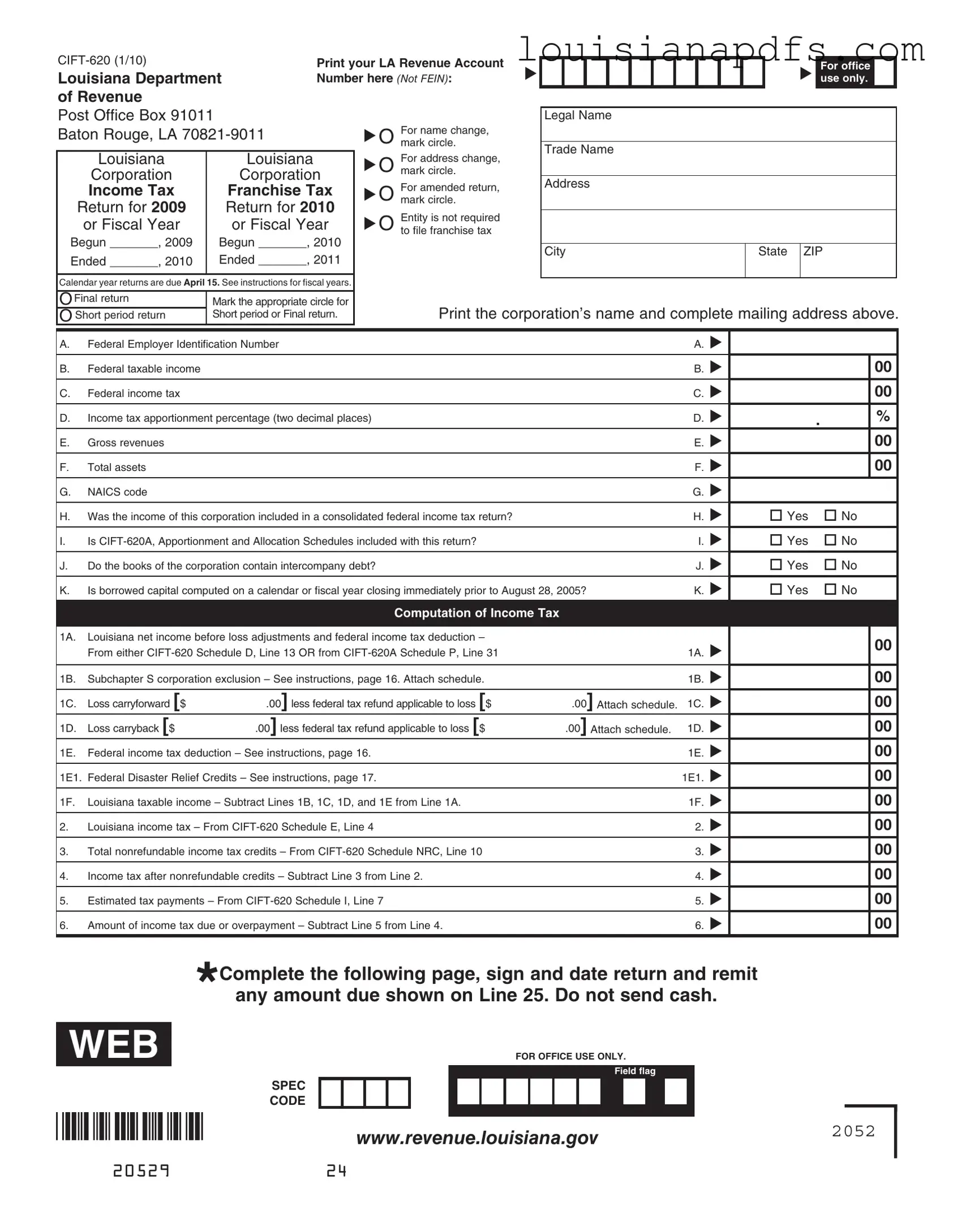 Fillable Louisiana Cift 620 Template