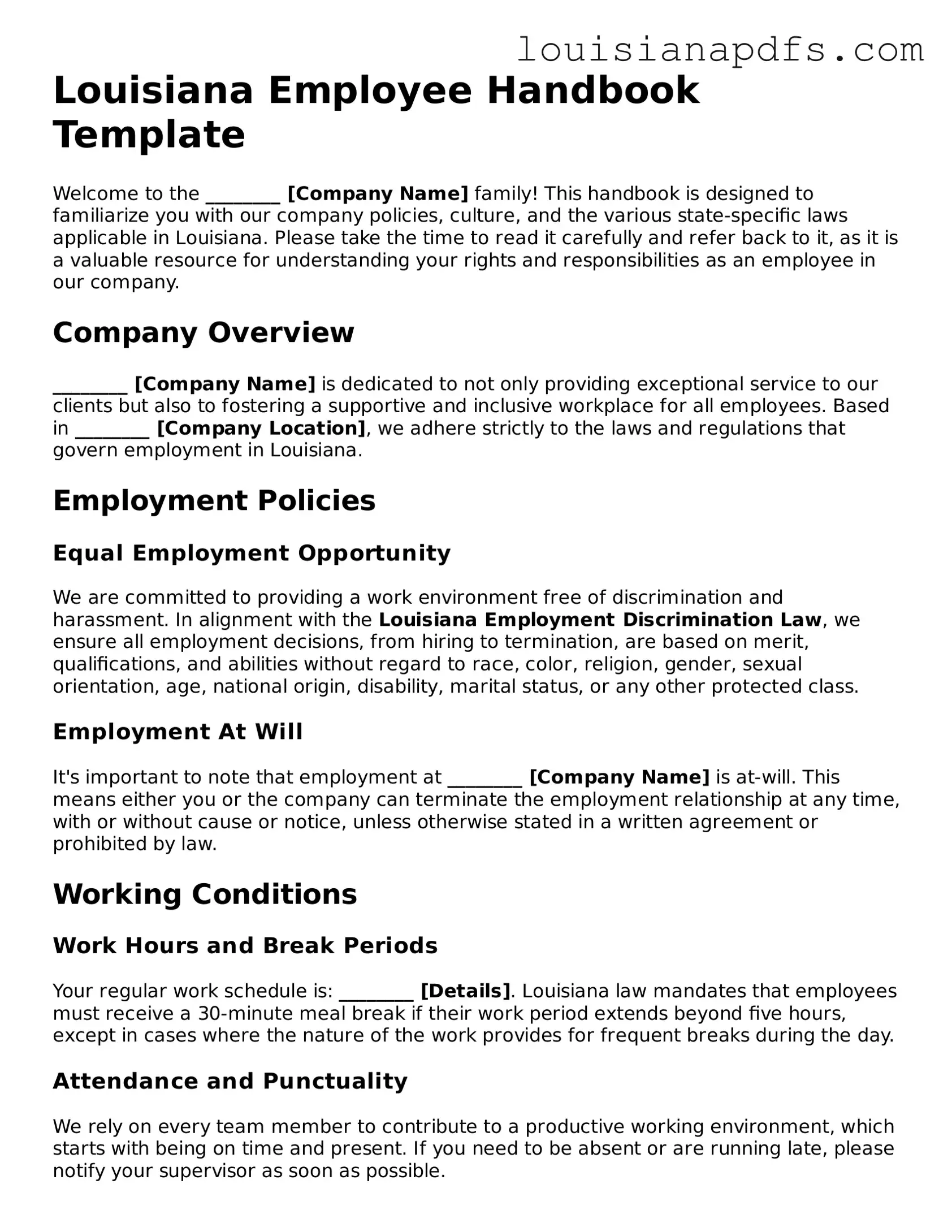 Fillable Employee Handbook Form for Louisiana State