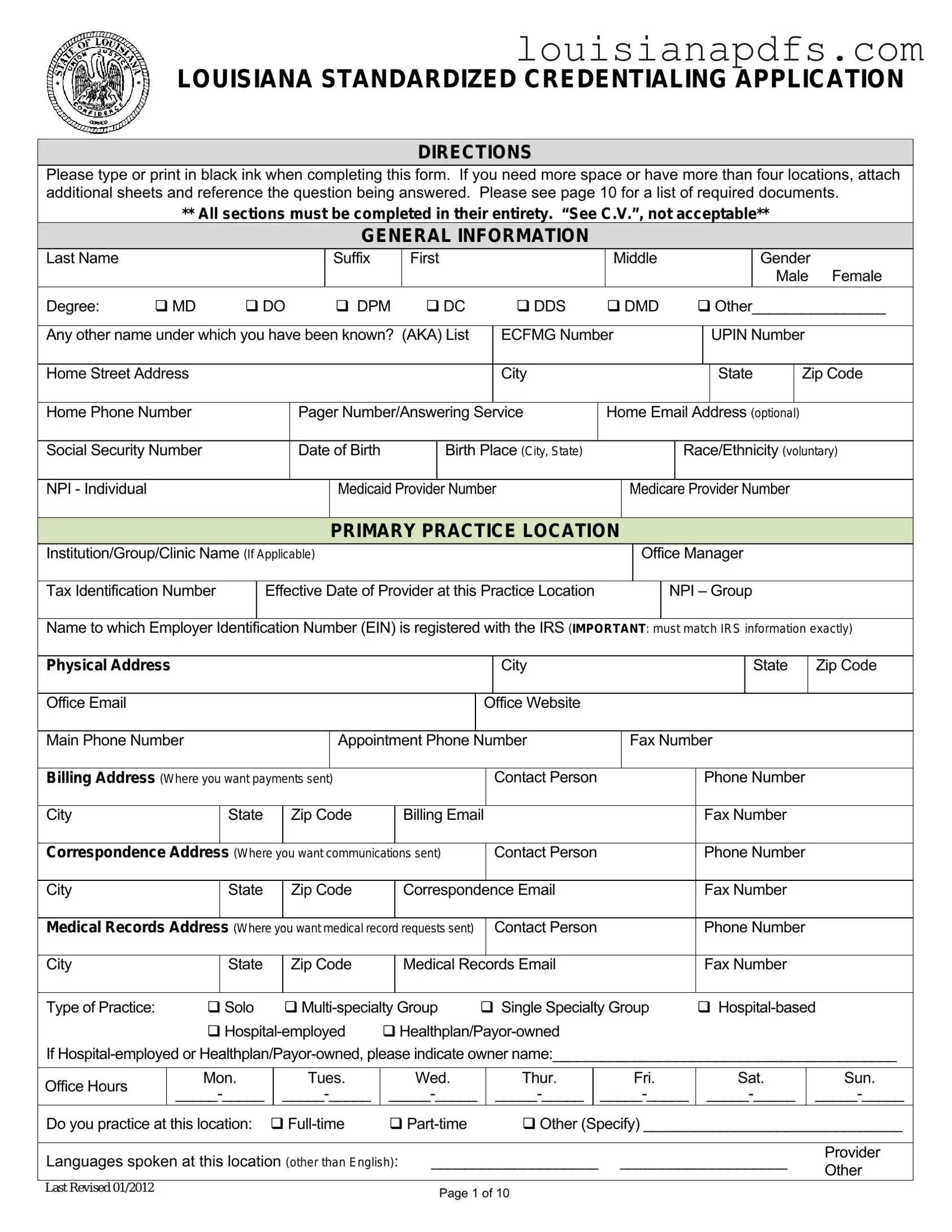 Fillable Louisiana Credentialing Application Template