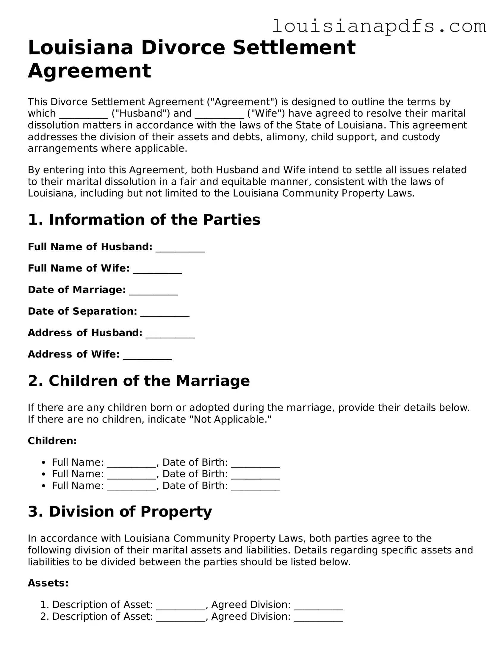 Fillable Divorce Settlement Agreement Form for Louisiana State