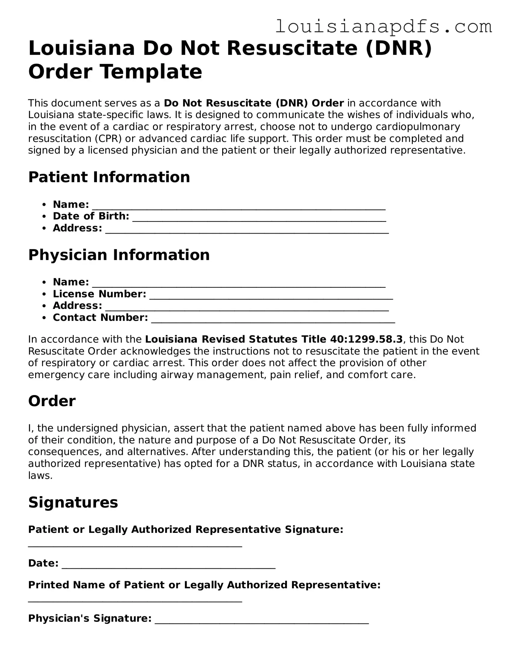 Fillable Do Not Resuscitate Order Form for Louisiana State