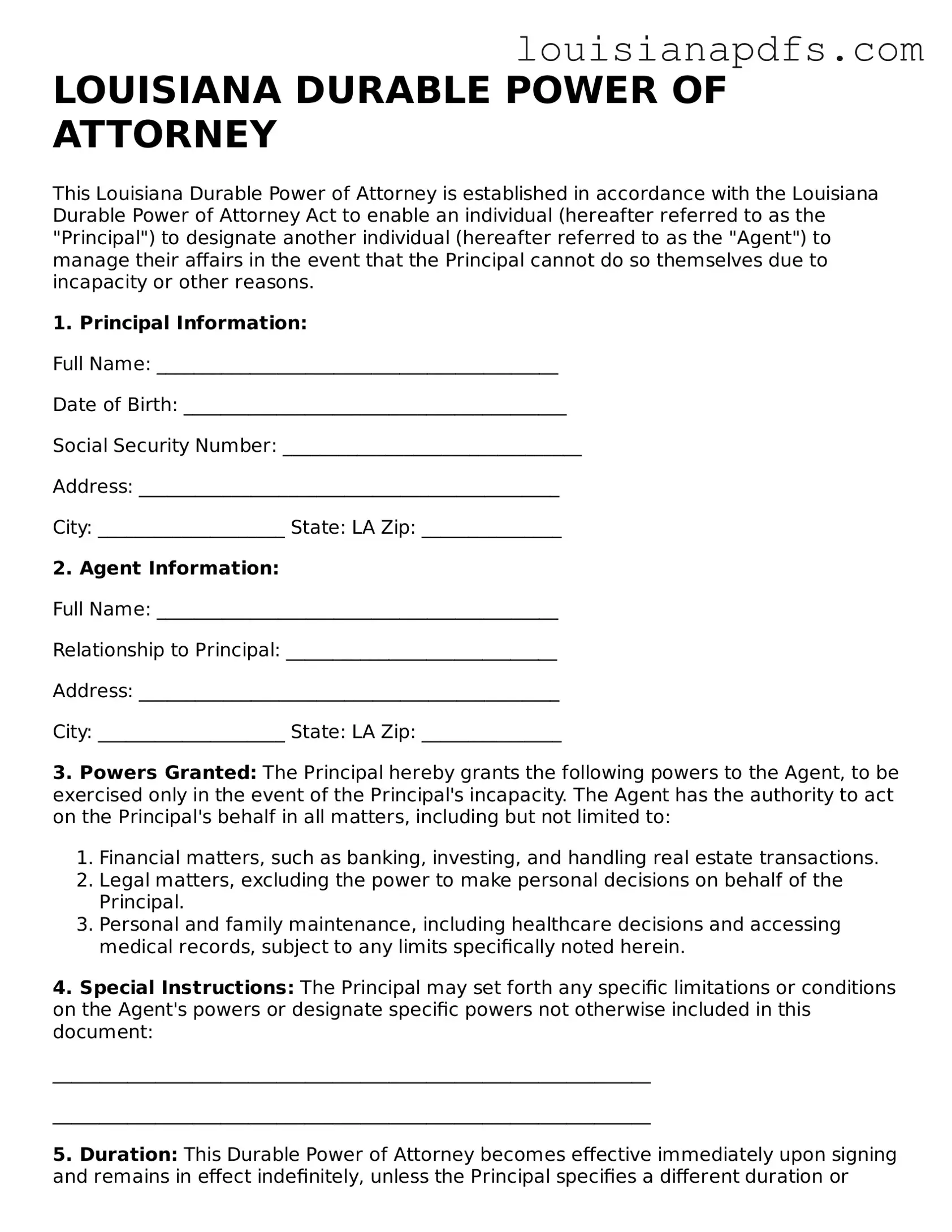 Fillable Durable Power of Attorney Form for Louisiana State