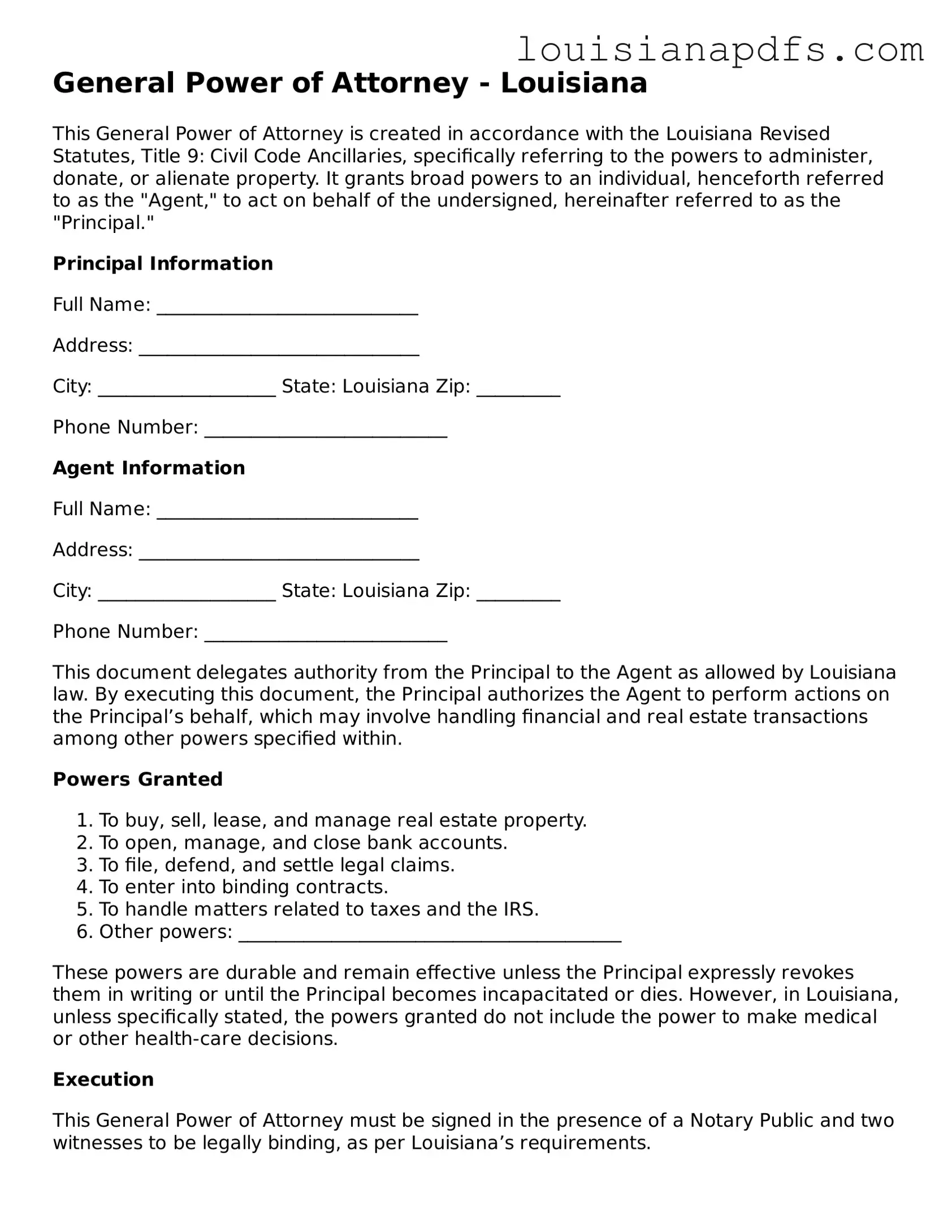 Fillable General Power of Attorney Form for Louisiana State