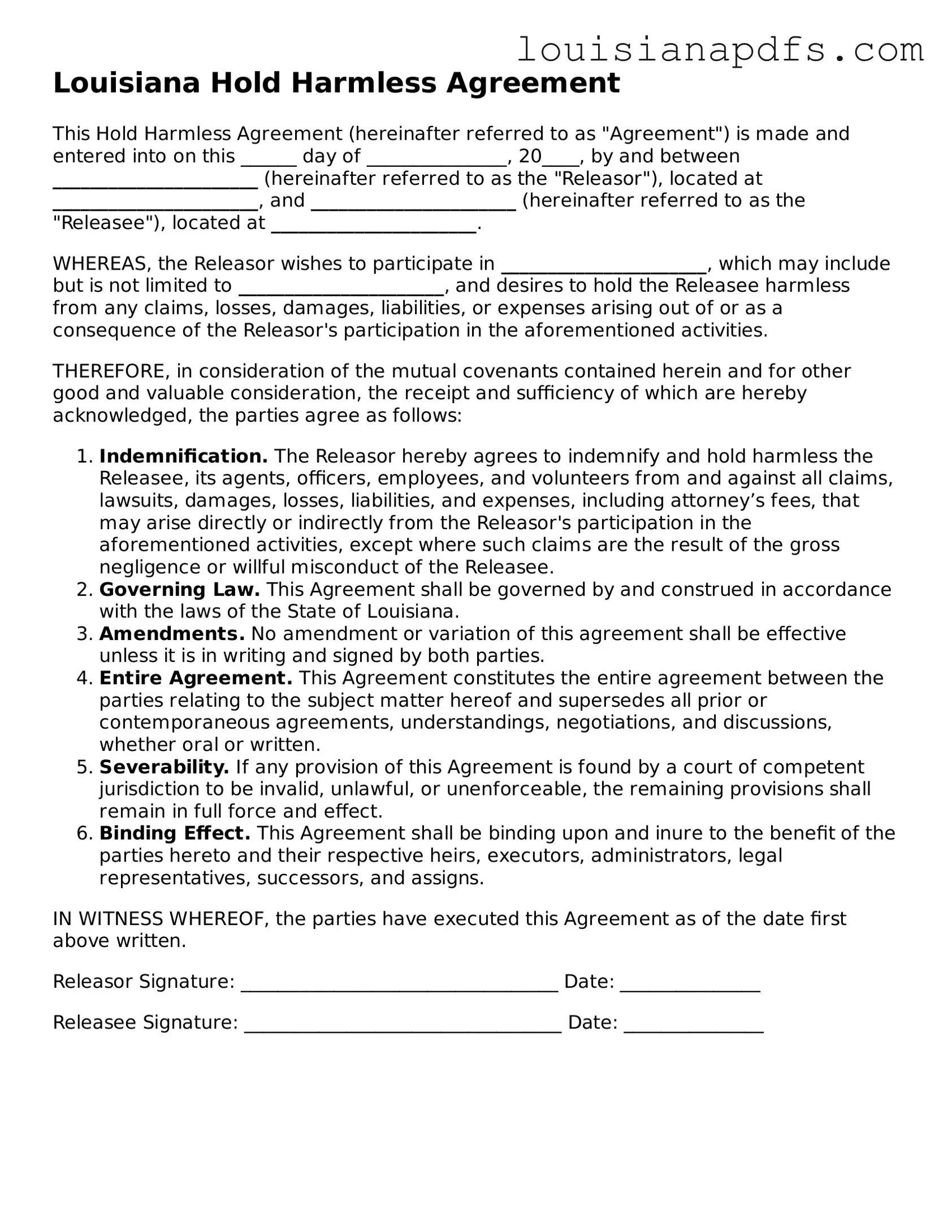 Fillable Hold Harmless Agreement Form for Louisiana State