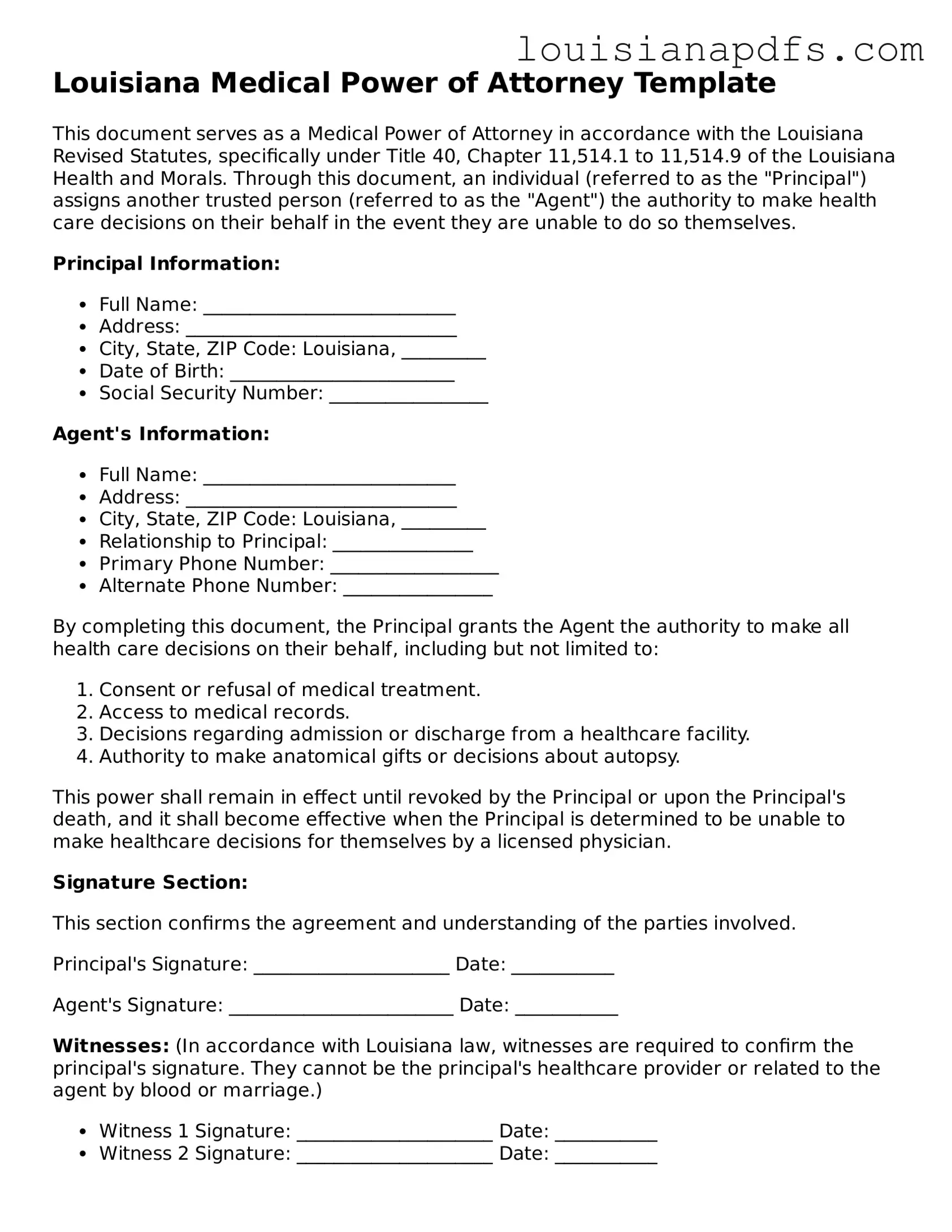 Fillable Medical Power of Attorney Form for Louisiana State
