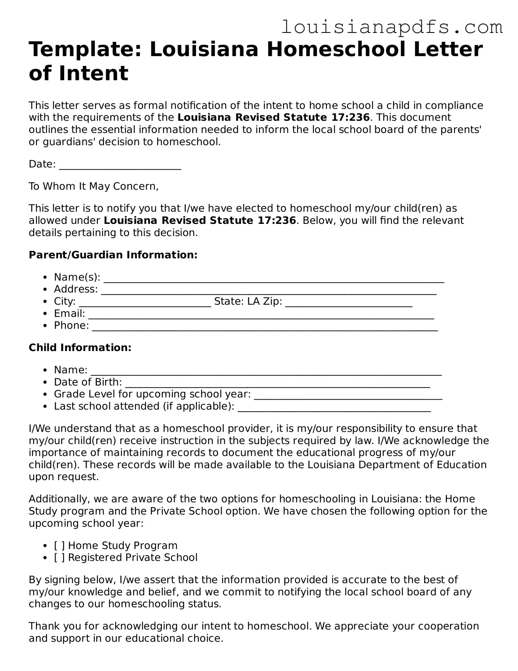Fillable Homeschool Letter of Intent Form for Louisiana State