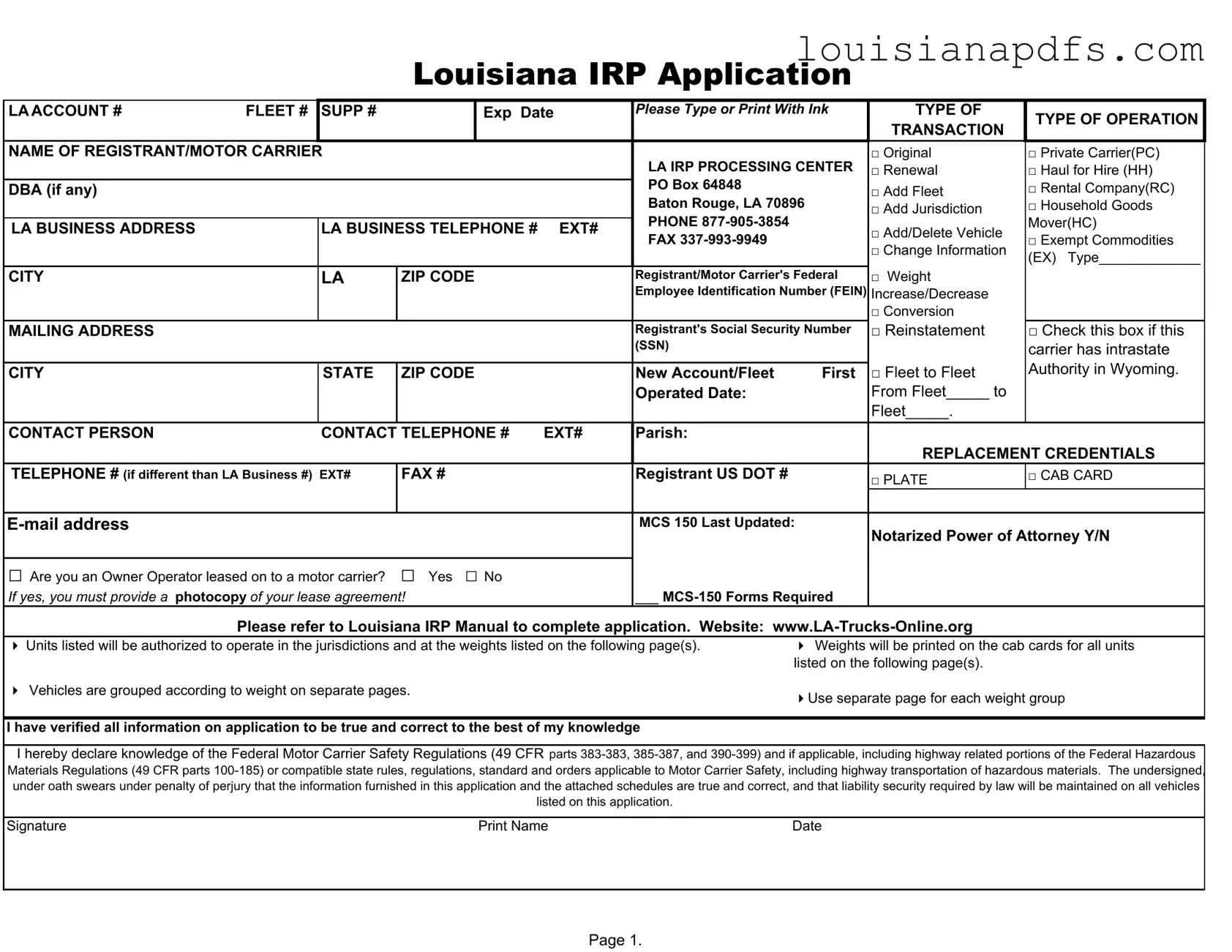 Fillable Louisiana Irp Application Template