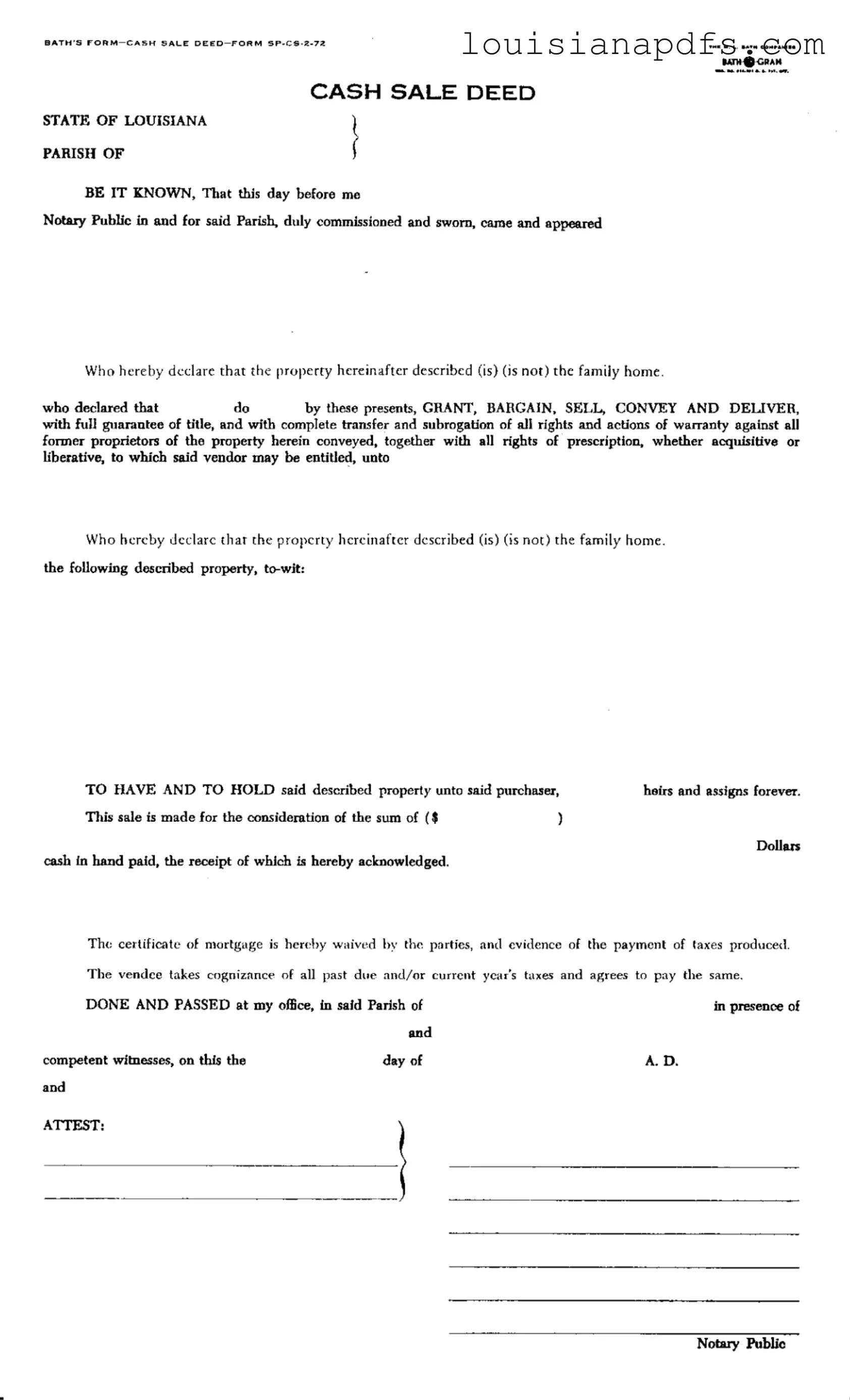 Fillable Louisiana Land Cash Sale Template