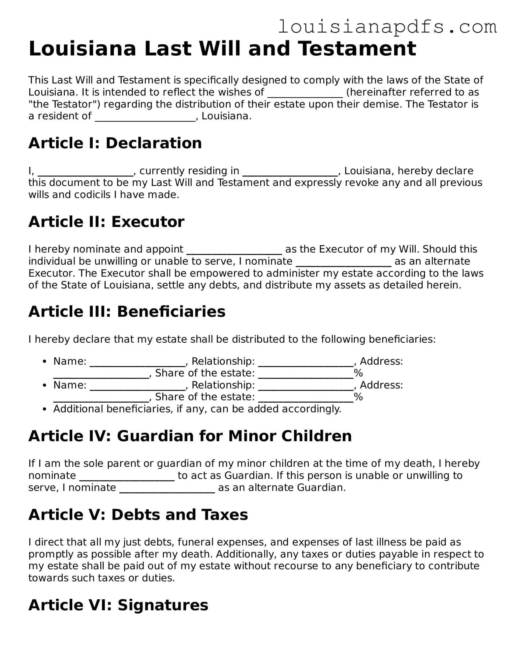 Fillable Last Will and Testament Form for Louisiana State
