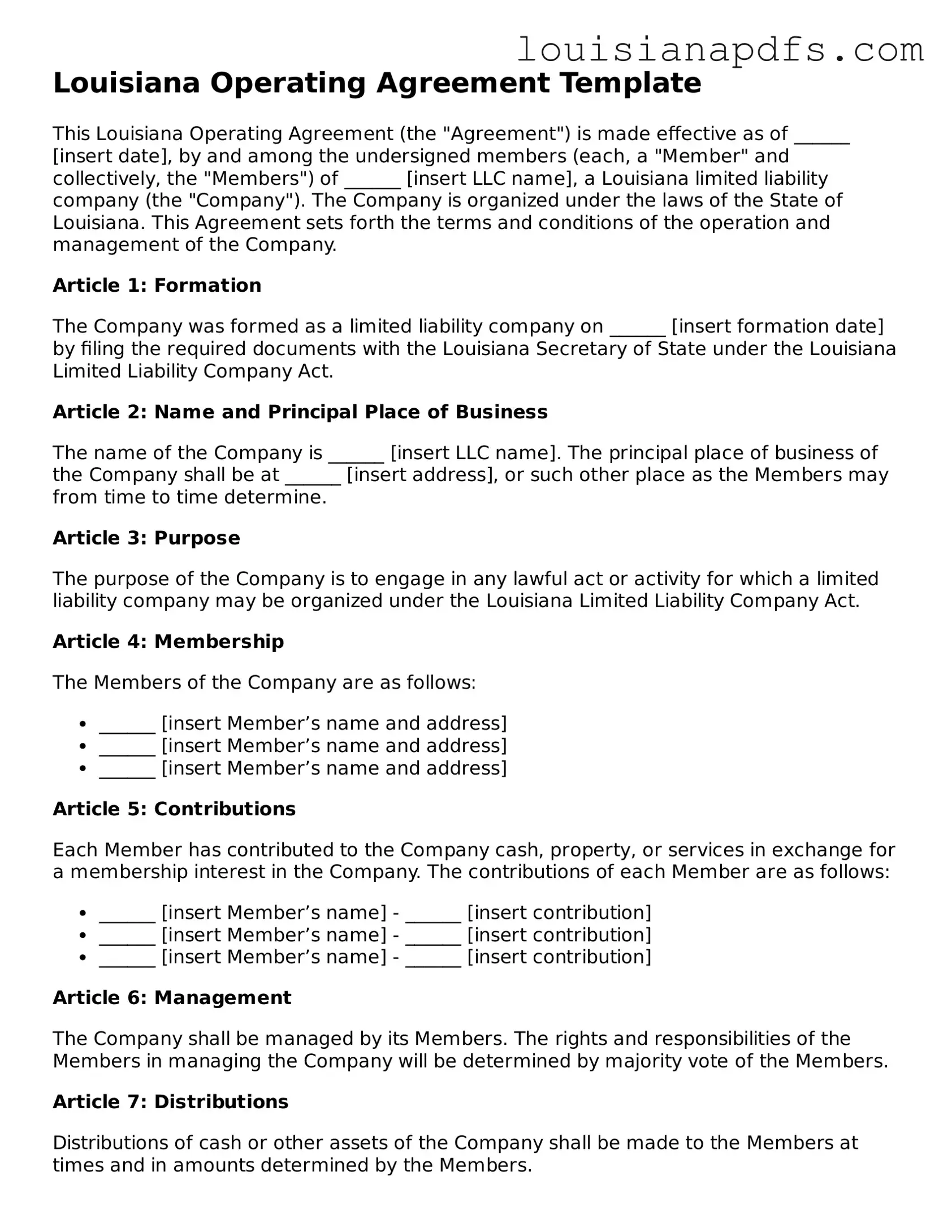 Fillable Operating Agreement Form for Louisiana State