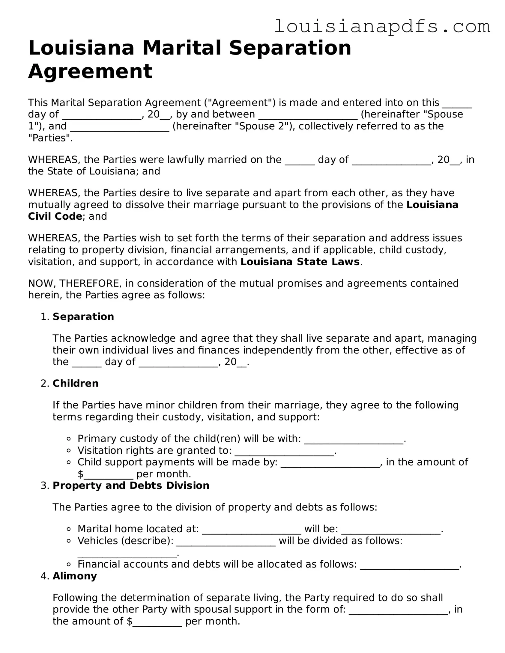 Fillable Marital Separation Agreement Form for Louisiana State