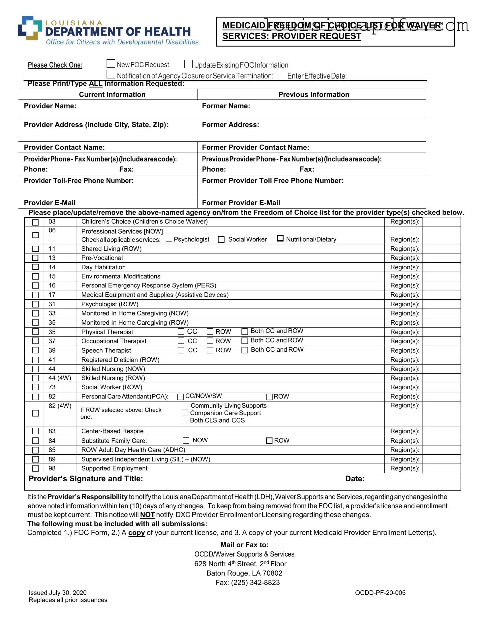 Fillable Louisiana Medicaid Freedom of Choice List Template