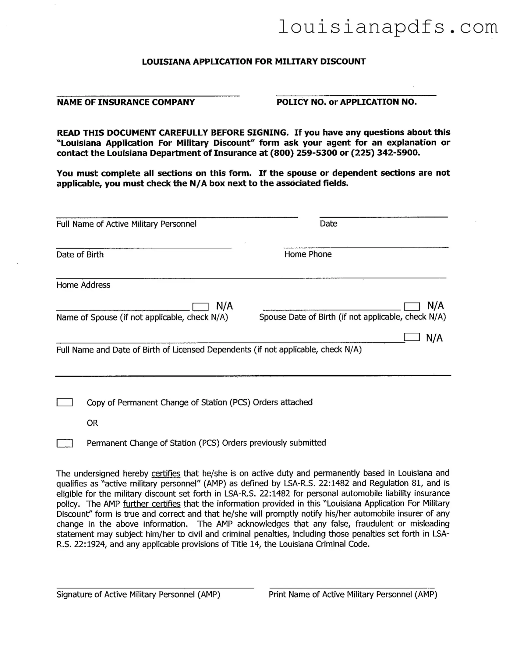 Fillable Louisiana Military Discount Template