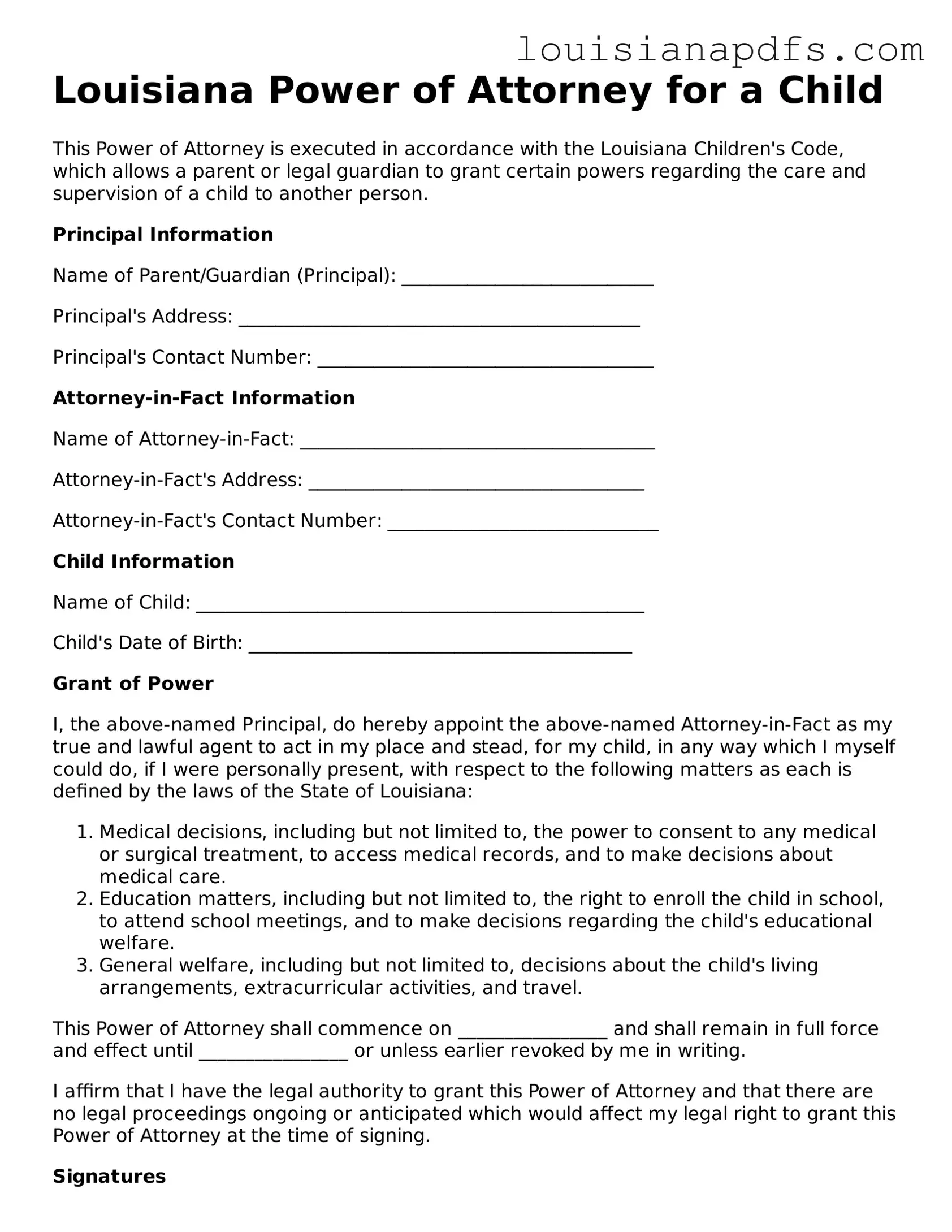Fillable Power of Attorney for a Child Form for Louisiana State