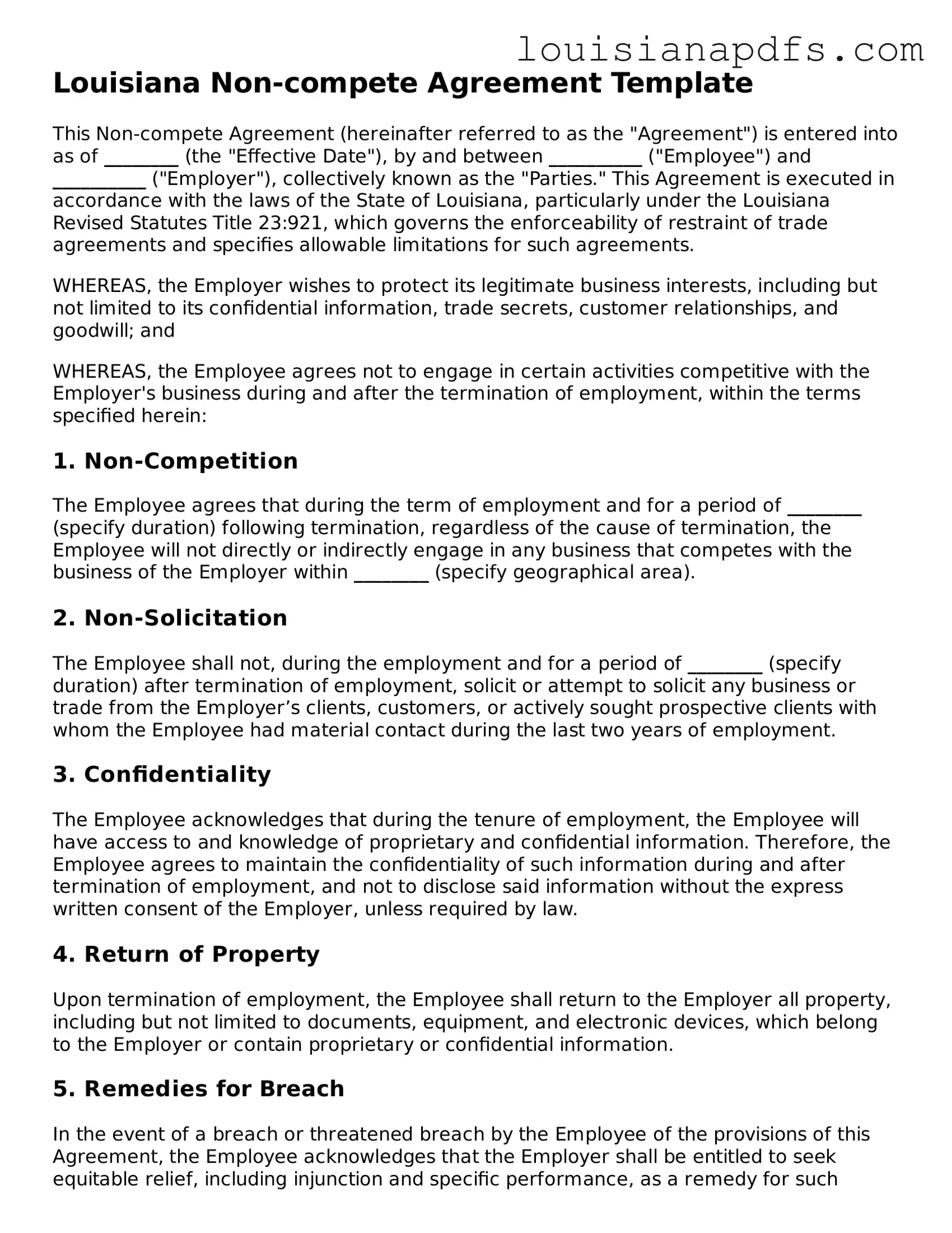 Fillable Non-compete Agreement Form for Louisiana State