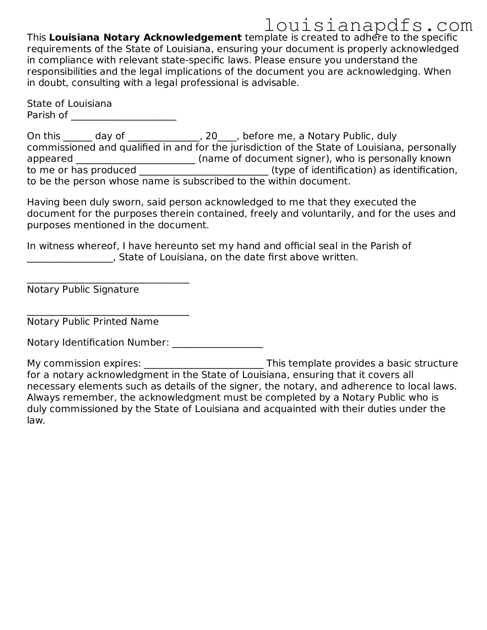Fillable Notary Acknowledgement Form for Louisiana State