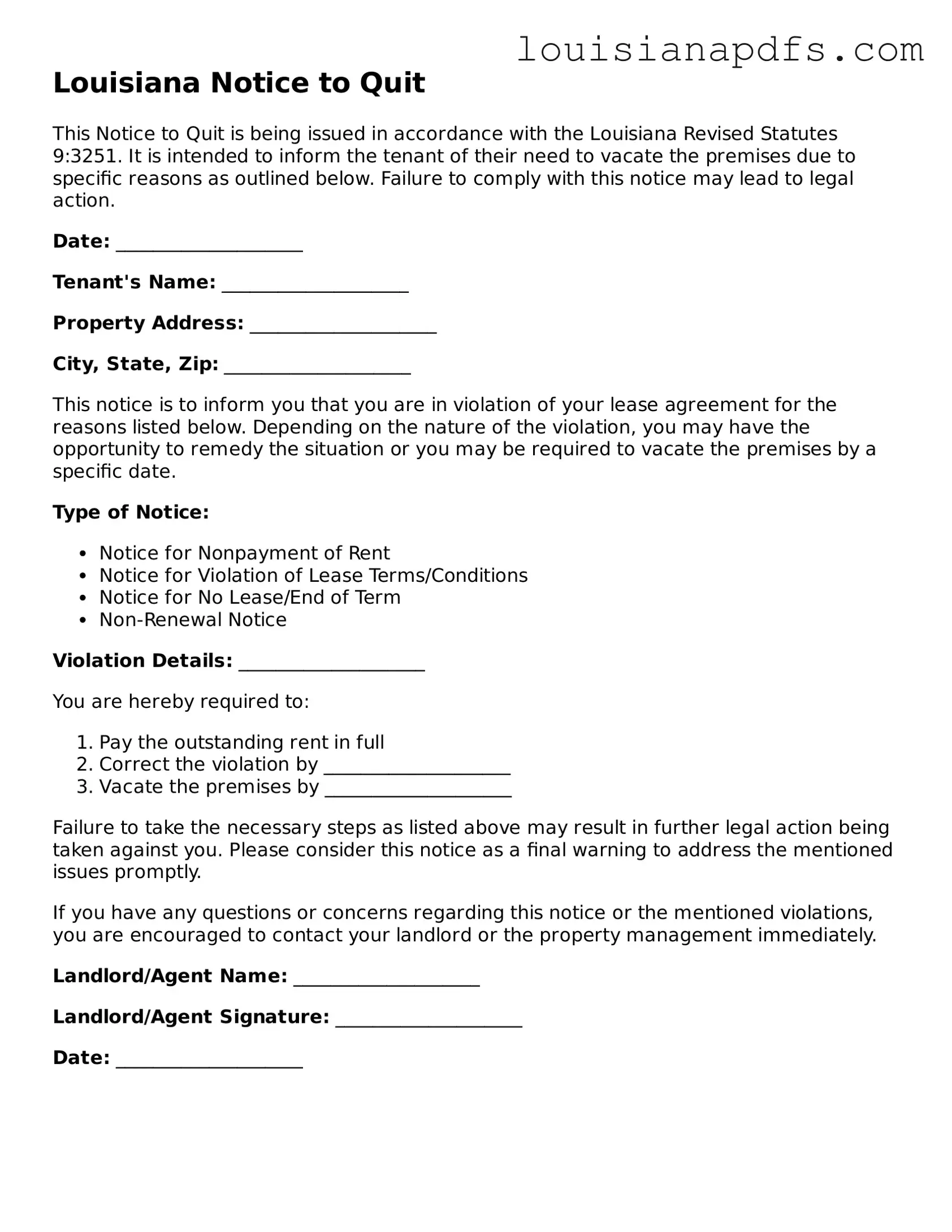 Fillable Notice to Quit Form for Louisiana State