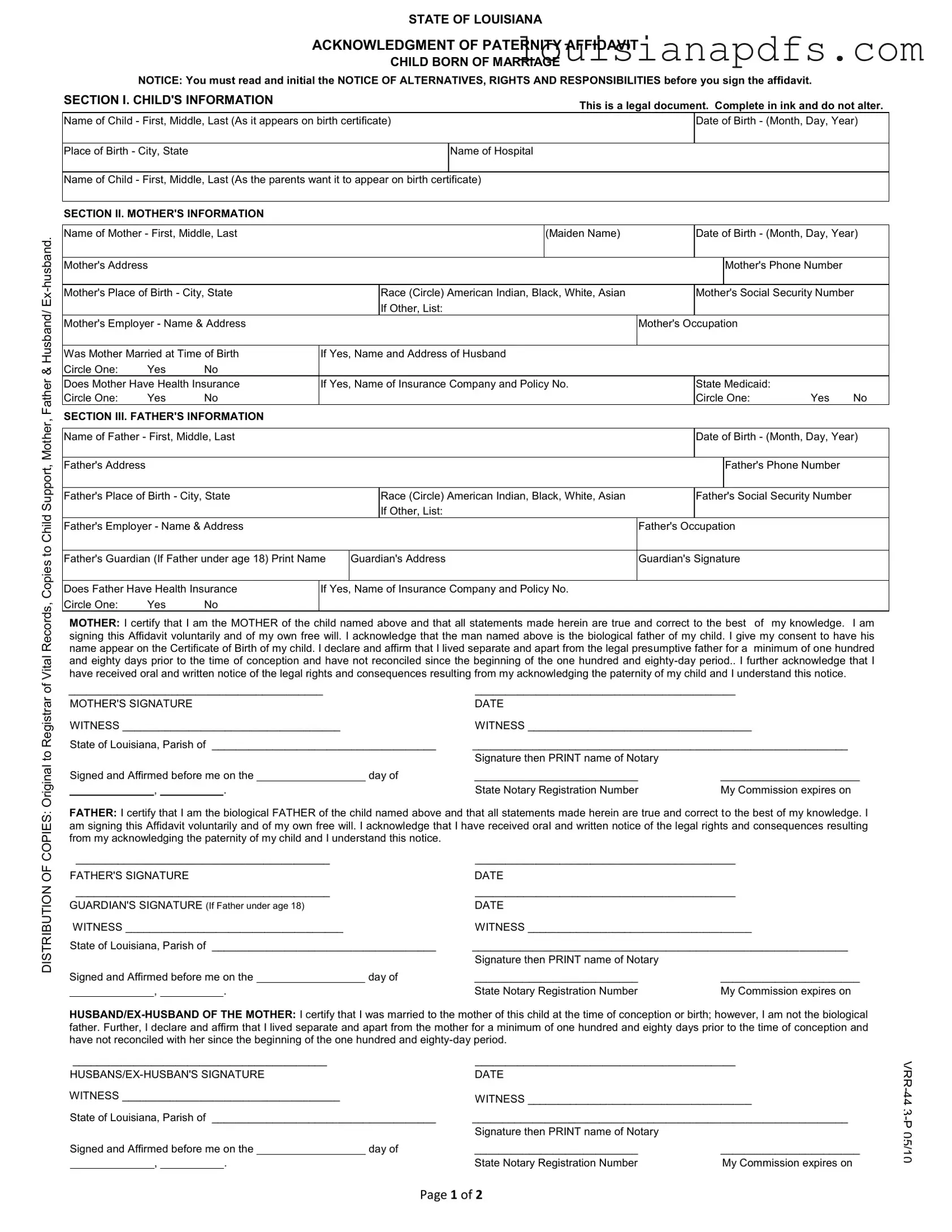 Fillable Louisiana Paternity Template