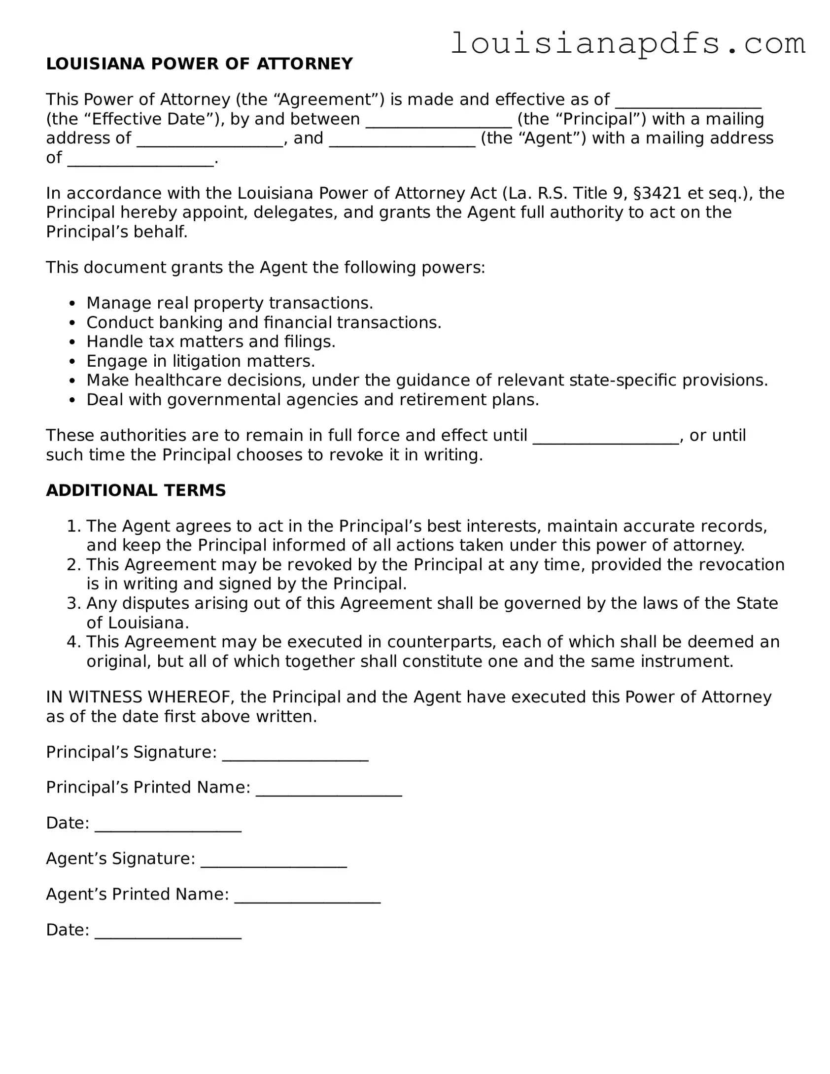 Fillable Power of Attorney Form for Louisiana State
