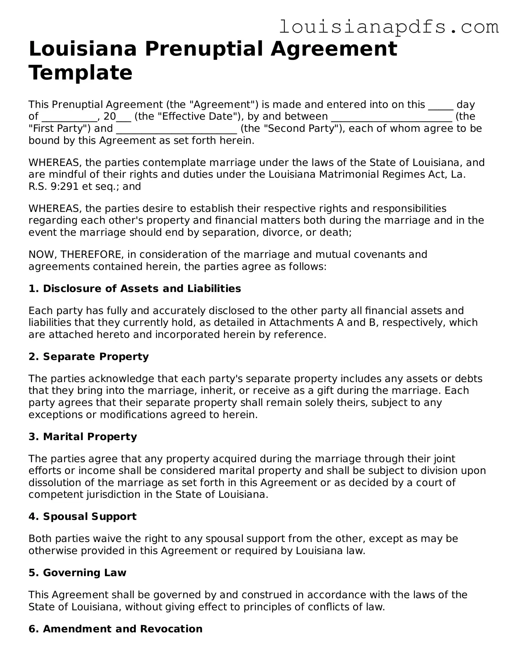 Fillable Prenuptial Agreement Form for Louisiana State