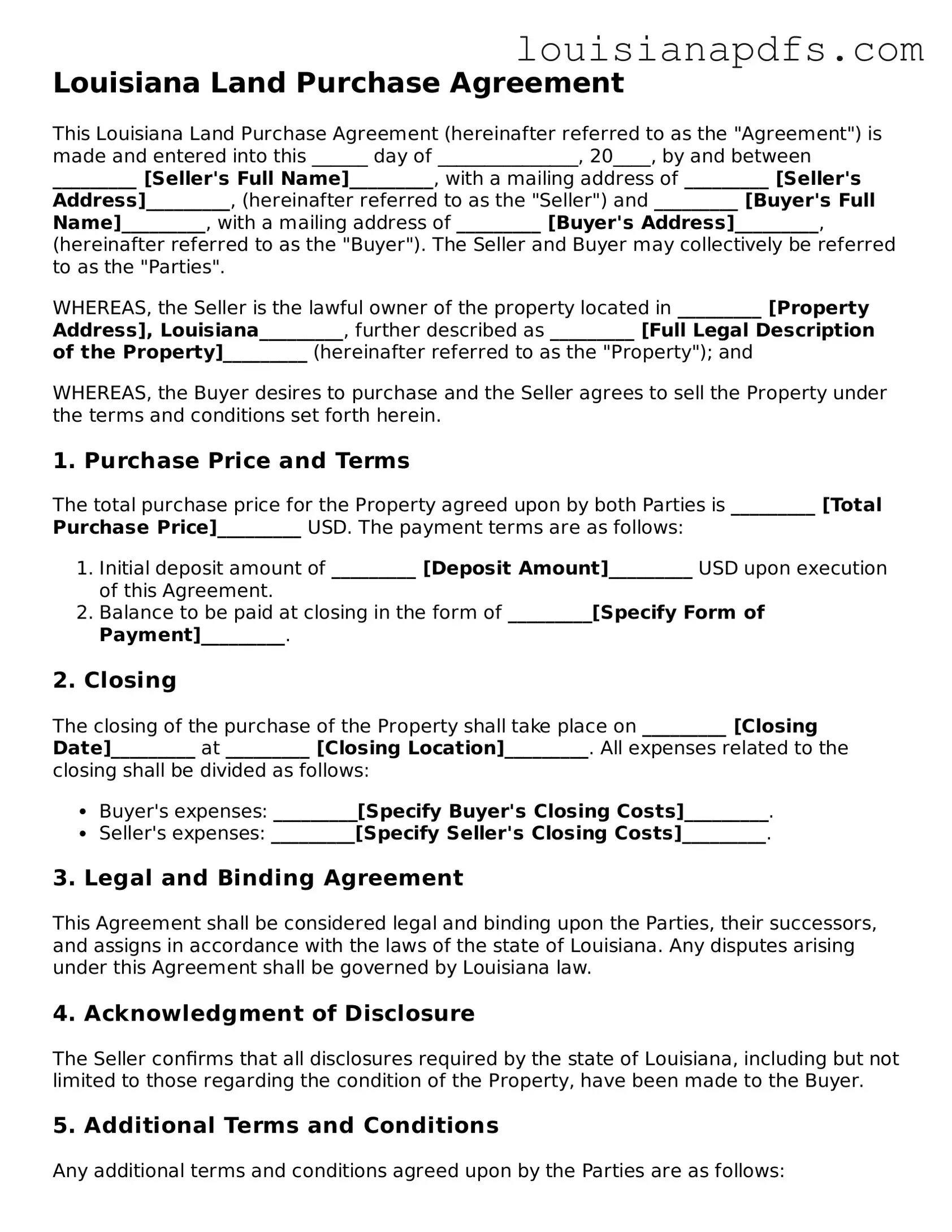Fillable Land Purchase Agreement Form for Louisiana State