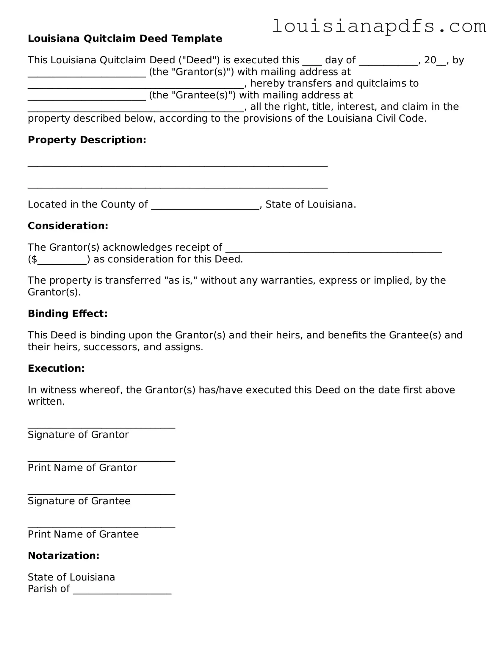 Fillable Quitclaim Deed Form for Louisiana State