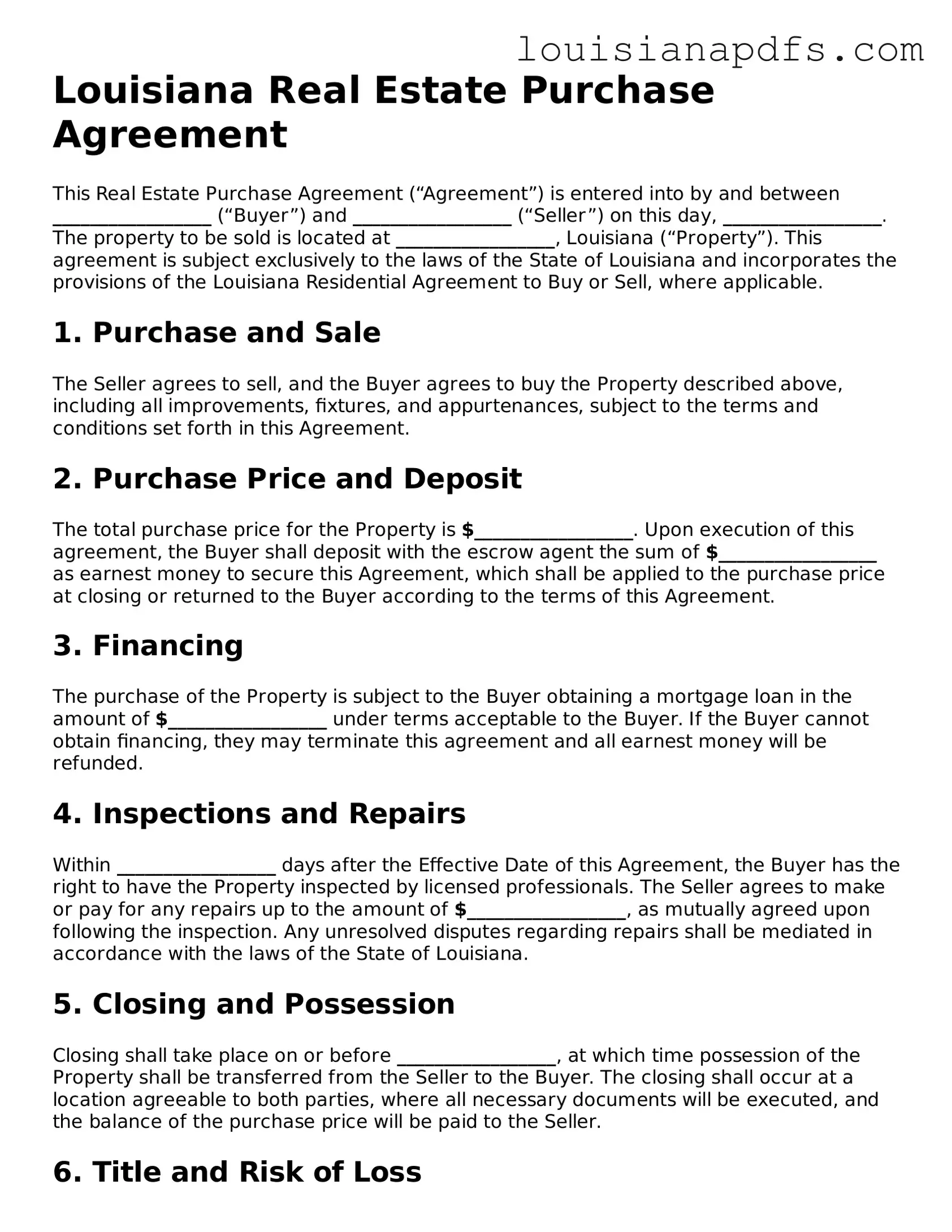 Fillable Real Estate Purchase Agreement Form for Louisiana State
