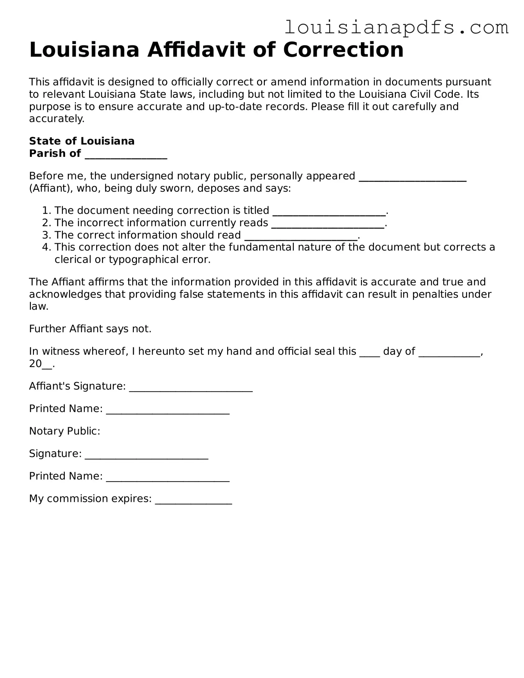 Fillable Affidavit of Correction Form for Louisiana State