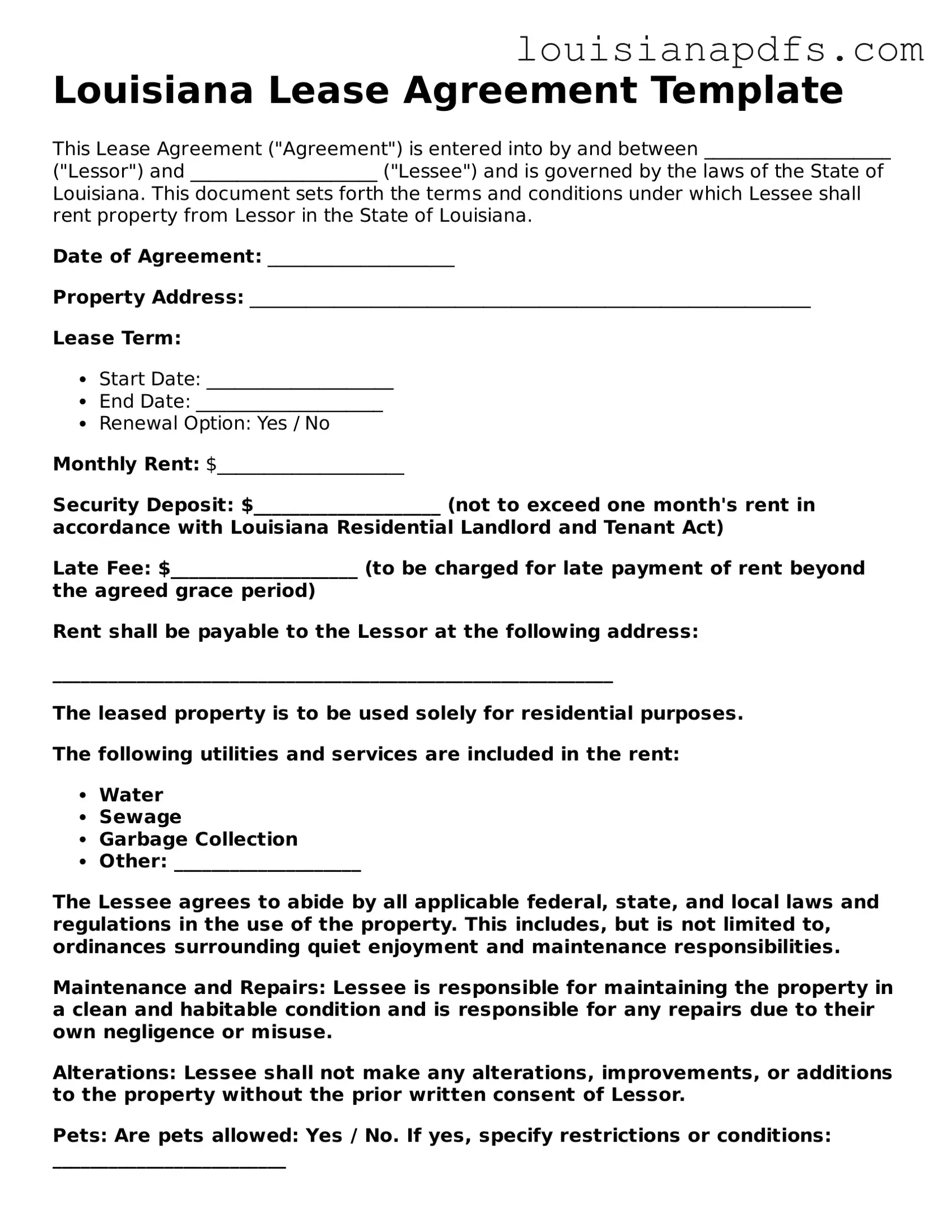Fillable Lease Agreement Form for Louisiana State