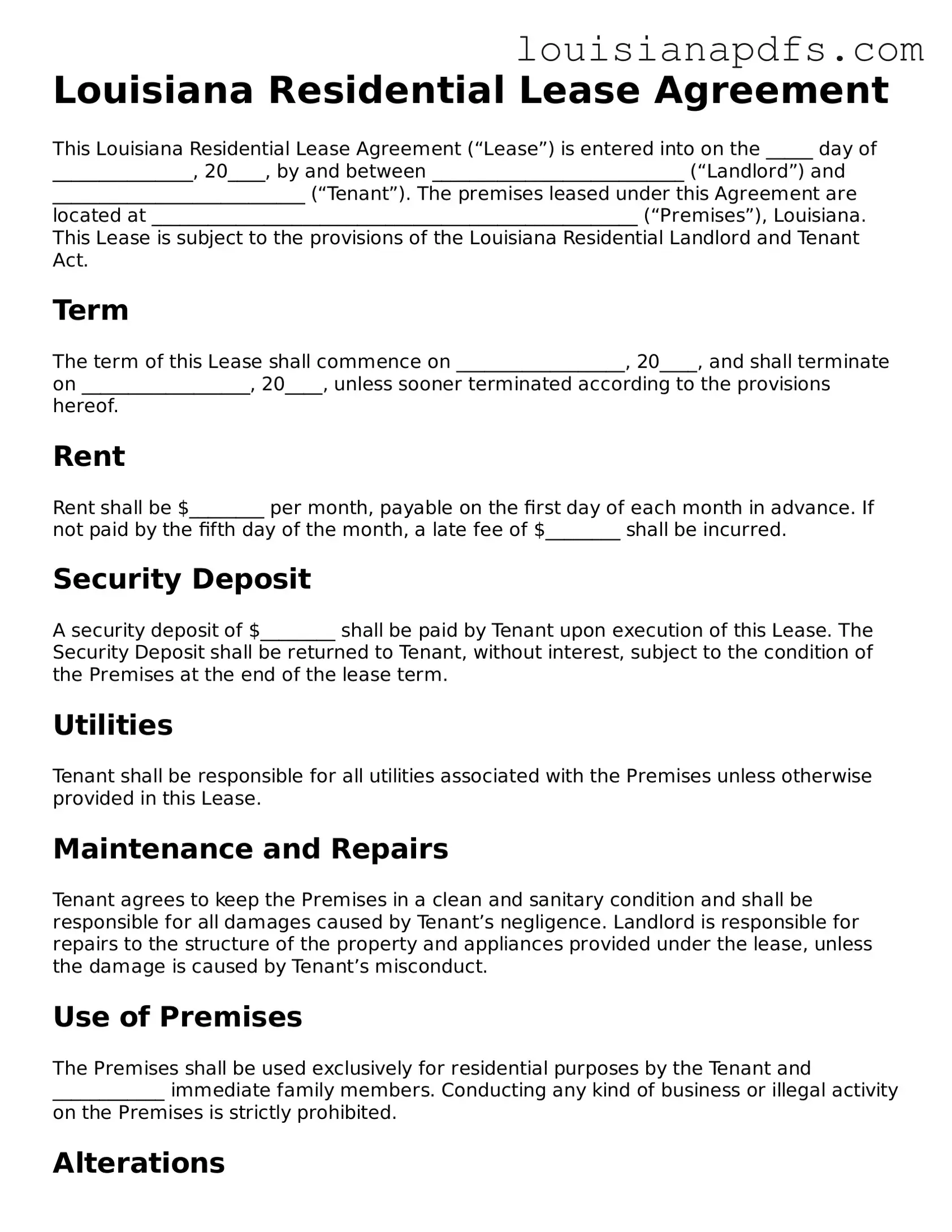 Fillable Residential Lease Agreement Form for Louisiana State