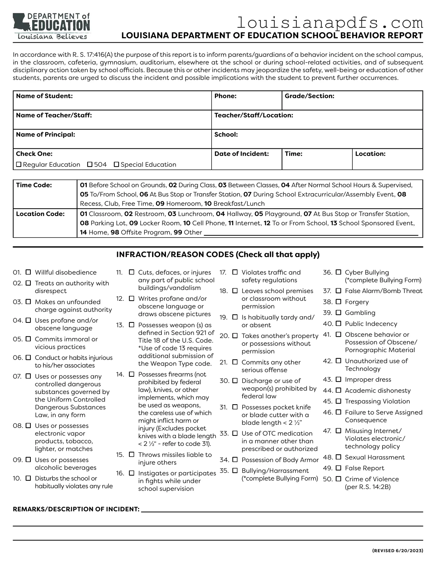 Fillable Louisiana School Behavior Report Template