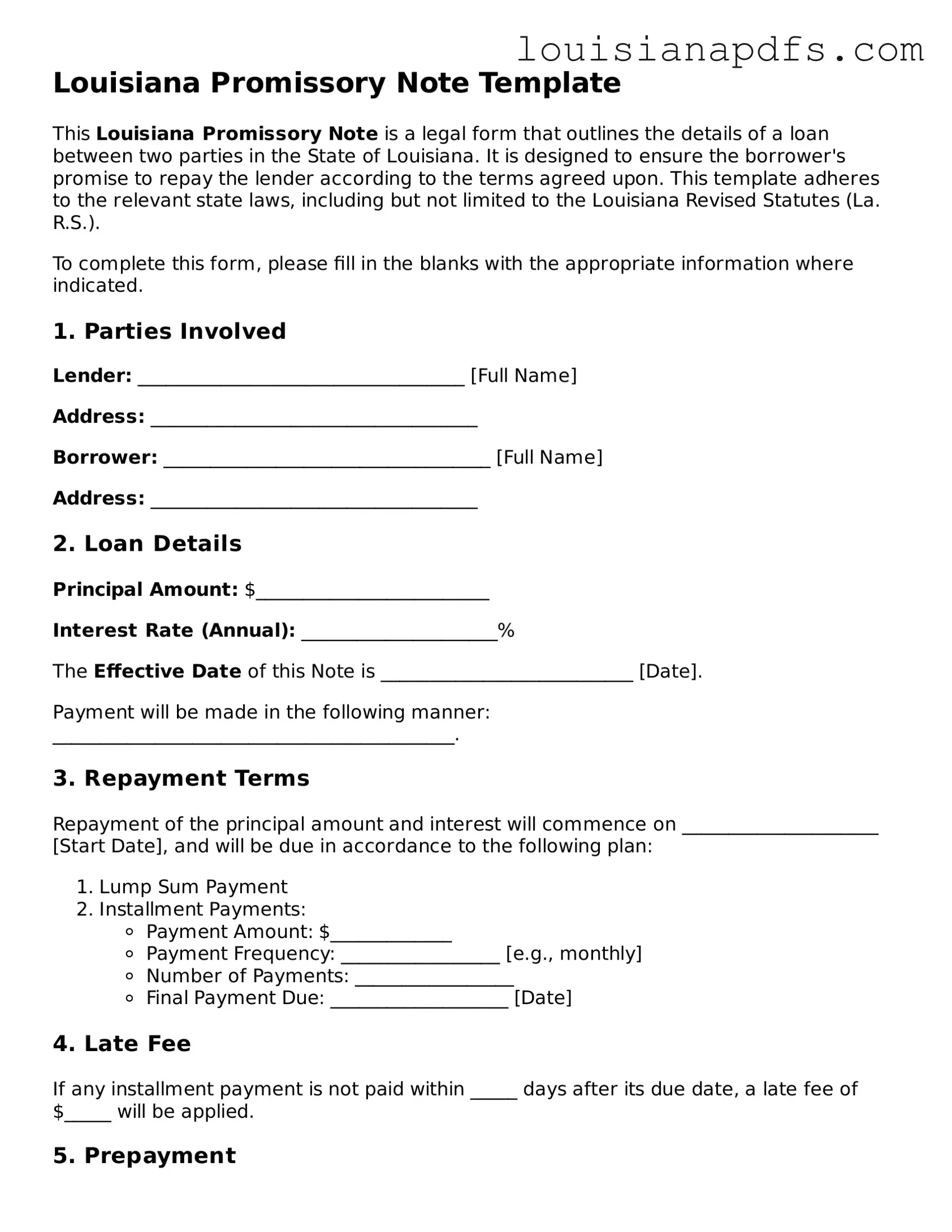 Fillable Promissory Note Form for Louisiana State