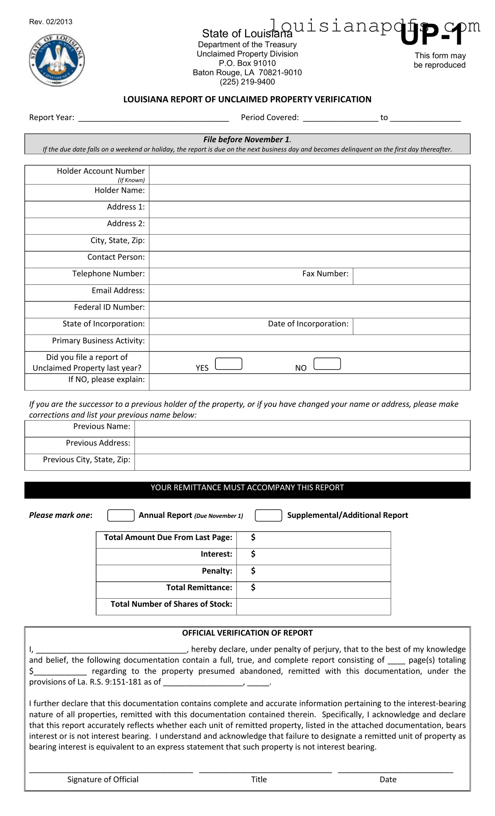Fillable Louisiana Up 1 Template